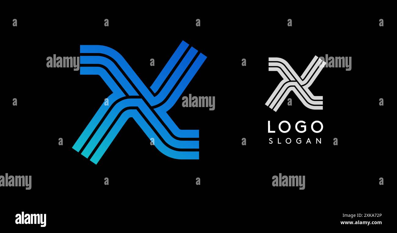 Abstraktes Modern X-Logo mit blauen Streifen im Farbverlauf. Schlankes, geometrisches Design, ideal für Technologieunternehmen, Start-ups und Corporate Branding. Professionell Stock Vektor