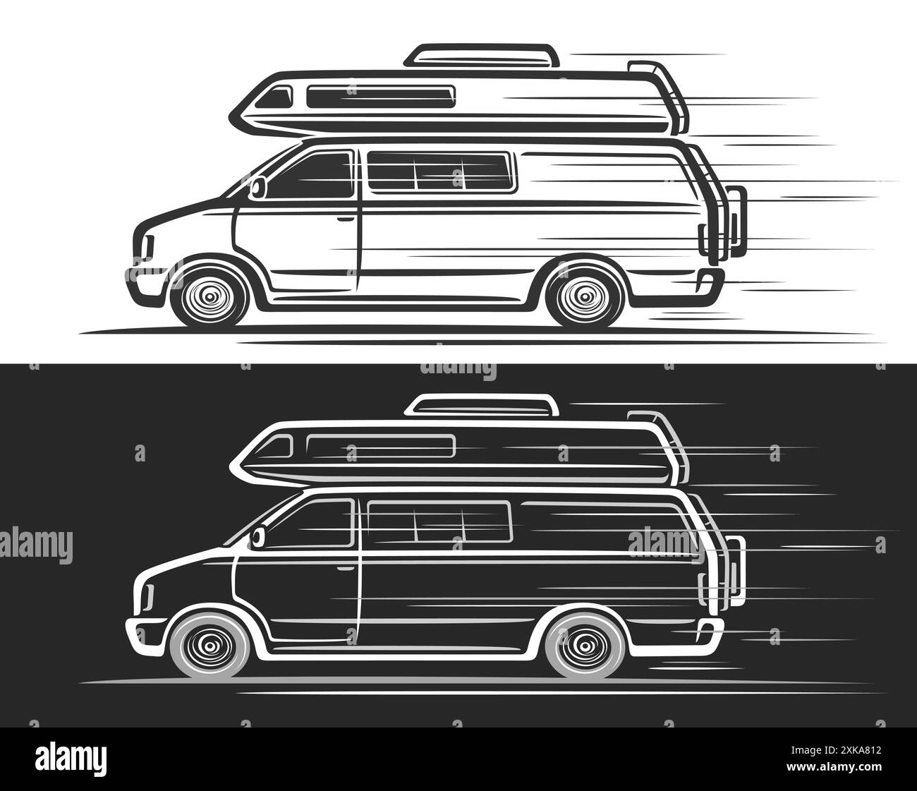 Vektor-Logo für Camper Van, horizontale Automobil-Banner mit Clip-Art-Illustration des monochromen klassischen Camper Van in bewegten, dekorativen Kunstwerken von Stock Vektor