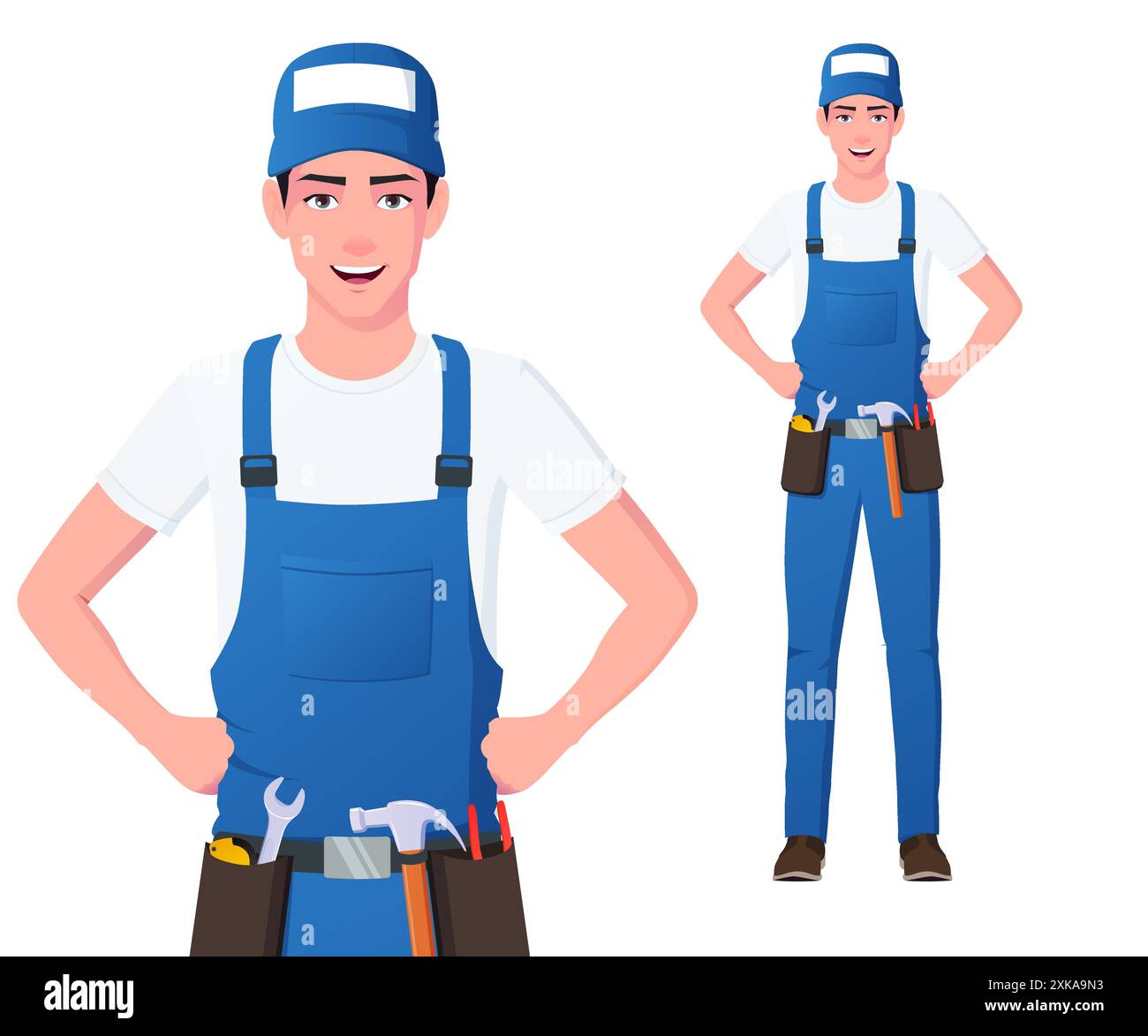 Handwerker Figur Illustration mit Mann trägt blaue Overalls stehend, isoliert auf weißem Hintergrund Vektor Illustration Stock Vektor