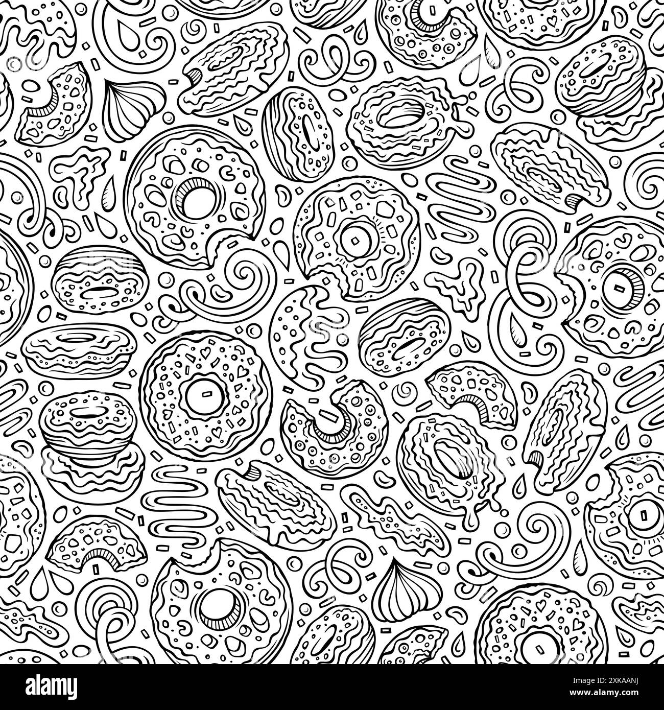 Cartoon niedliche Doodles Donuts nahtloses Muster. Strichgrafik Hintergrund. Endlose lustige Vektor-süße Illustration Stock Vektor
