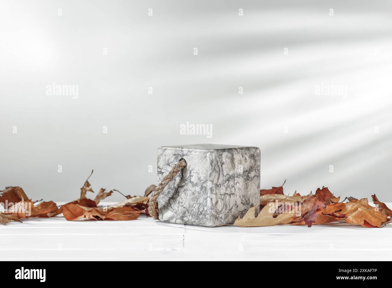 Marmorsteinwürfel Standfuß mit Kopierraum für Produkte und Herbsthintergrund mit Herbstbaumblättern. Weiße Wand mit Sonnenlicht Stockfoto