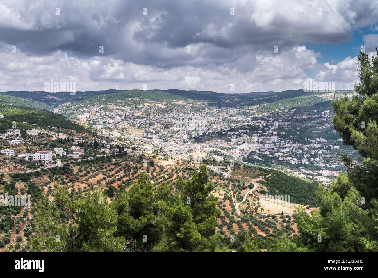 Ajloun Stadt von der Burg aus gesehen, 12. Jahrhundert n. Chr. Ayyubidische Muslime, Jordanien Stockfoto