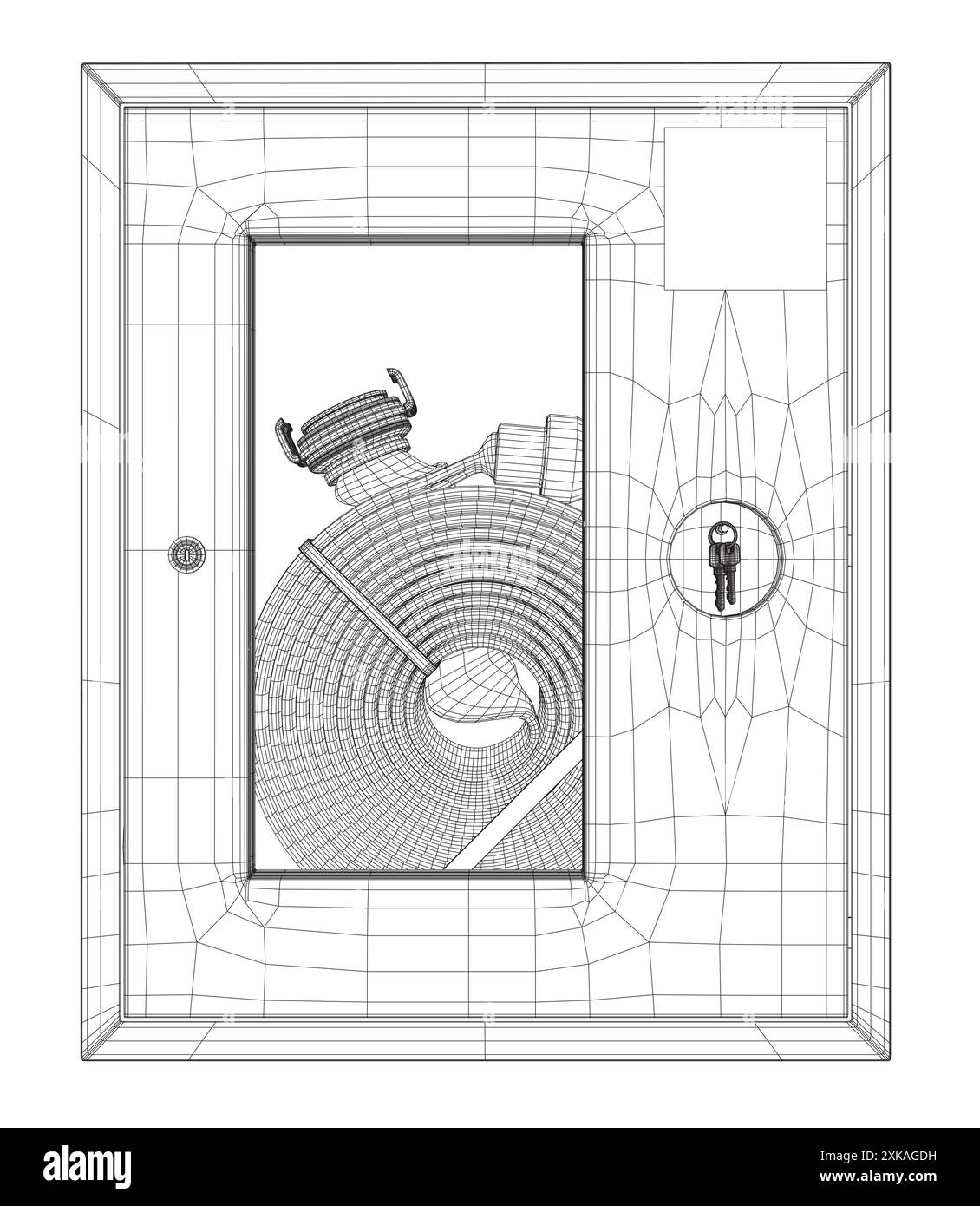 Feuerschlauch- oder Feuerschlauch-Vektorsymbol. Inklusive Düse, Schlauchtrommel. Feuerlöscher oder Sicherheitsausrüstung in Stahlkastenwand zum Löschen der Feuerwehr, f Stock Vektor