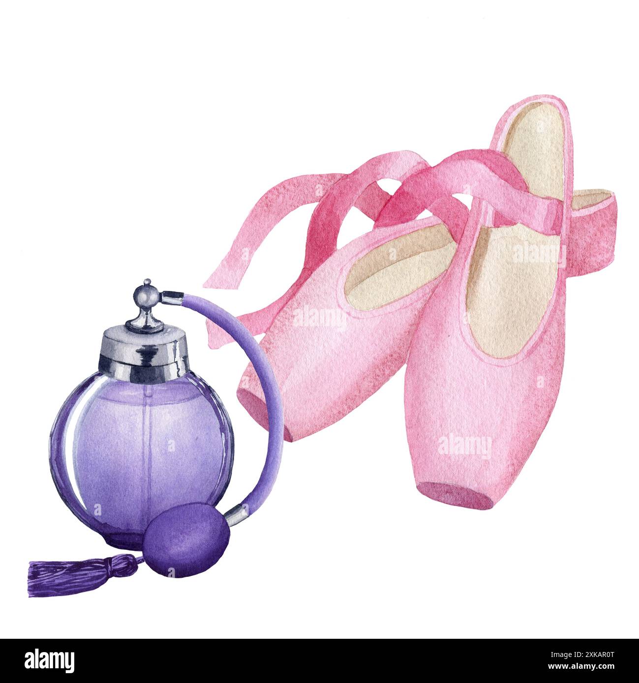 Pinkfarbene spitzenschuhe mit Vintage-Parfümflasche in Flieder. Handgemalte Aquarellabbildung isoliert auf weißem Hintergrund. Für Design, Poster, Karten, po Stockfoto