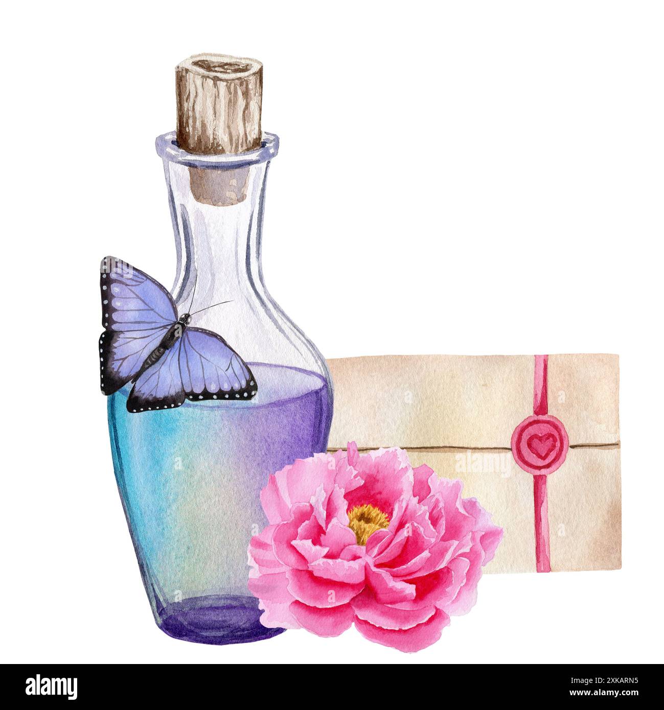 Vintage-Parfümflasche in Flieder mit Flieder-Schmetterling, Vintage-Umschlag und rosa Pfingstrose. Handgemalte Aquarellabbildung isoliert auf weißem Hintergrund. Stockfoto