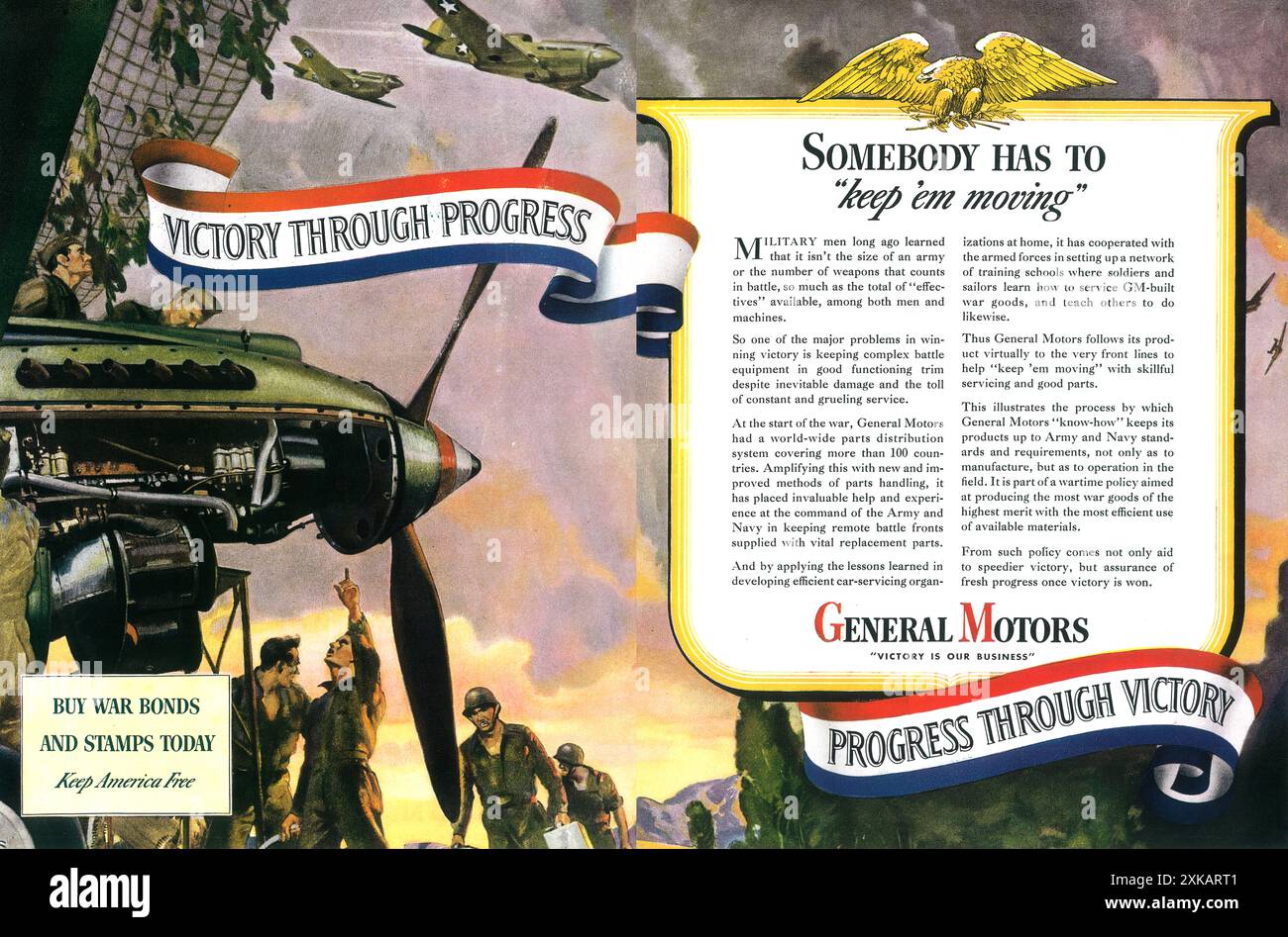 1943 Werbespot von GM General Motors aus dem 2. Weltkrieg – „Sieg durch Fortschritt“ Stockfoto