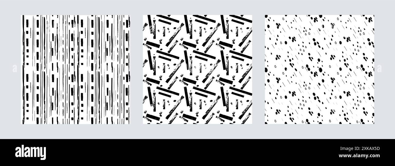 Nahtloses Vektor-Muster mit kleinen gestrichelten, Streifen und vertikalen Linien. Von Hand gezeichnete, schwarze Elemente, geometrische Kritzelelemente der Buntstifte. Zufällige Hübe, minimale Tropfen oder Streusel. Stock Vektor