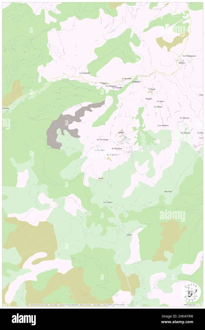 Turriers, Alpes-de-Haute-Provence, FR, Frankreich, Provence-Alpes-Côte d'Azur, n 44 24' 5''', N 6 10' 8''', Karte, Cartascapes Map, veröffentlicht 2024. Erkunden Sie Cartascapes, eine Karte, die die vielfältigen Landschaften, Kulturen und Ökosysteme der Erde enthüllt. Reisen Sie durch Zeit und Raum und entdecken Sie die Verflechtungen der Vergangenheit, Gegenwart und Zukunft unseres Planeten. Stockfoto