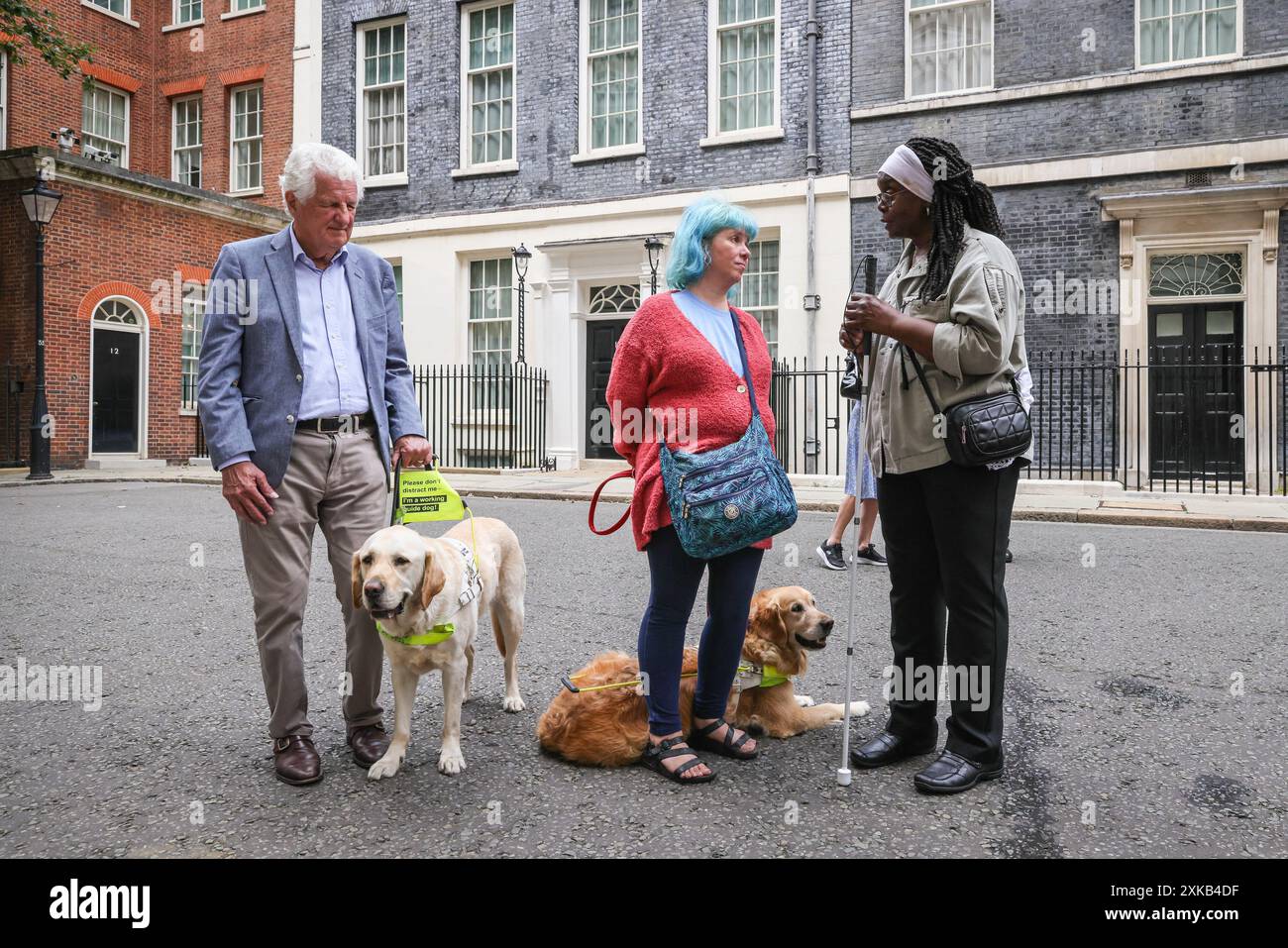 London, 22. Juli 2024. L-t-r- David Adams, Sarah Gaynton und ein weiteres Mitglied der Gruppe. Die National Federation of the Blind of the UK (NFBUK) reichte eine Petition in der Downing Street 10 ein, in der sie eine vorübergehende Stopp aller geplanten schwimmenden Bushaltestellen in neuen Radwegen im ganzen Vereinigten Königreich fordert, da diese ein erhebliches Sicherheitsrisiko für Blinde und andere darstellen. Die Petition wird von Sarah Gayton (mit blauen Haaren) organisiert, unterstützt von dem Präsidenten der European Blind Dog Association, David Adams mit Hund Jimbo und Libdem-Abgeordneter Steve Darling mit Führungshund Jennie, Sarah Leadbetter mit Nellie und anderen. Stockfoto