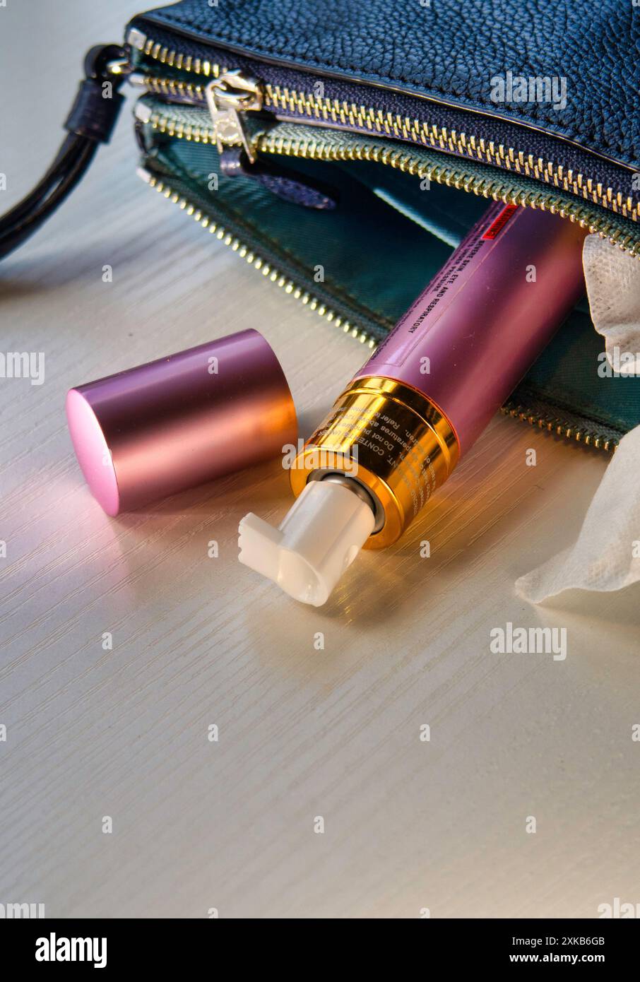 Stillleben eines femininen pinken Pfeffersprühspenders in einer Damenhandtasche, 2024, USA Stockfoto