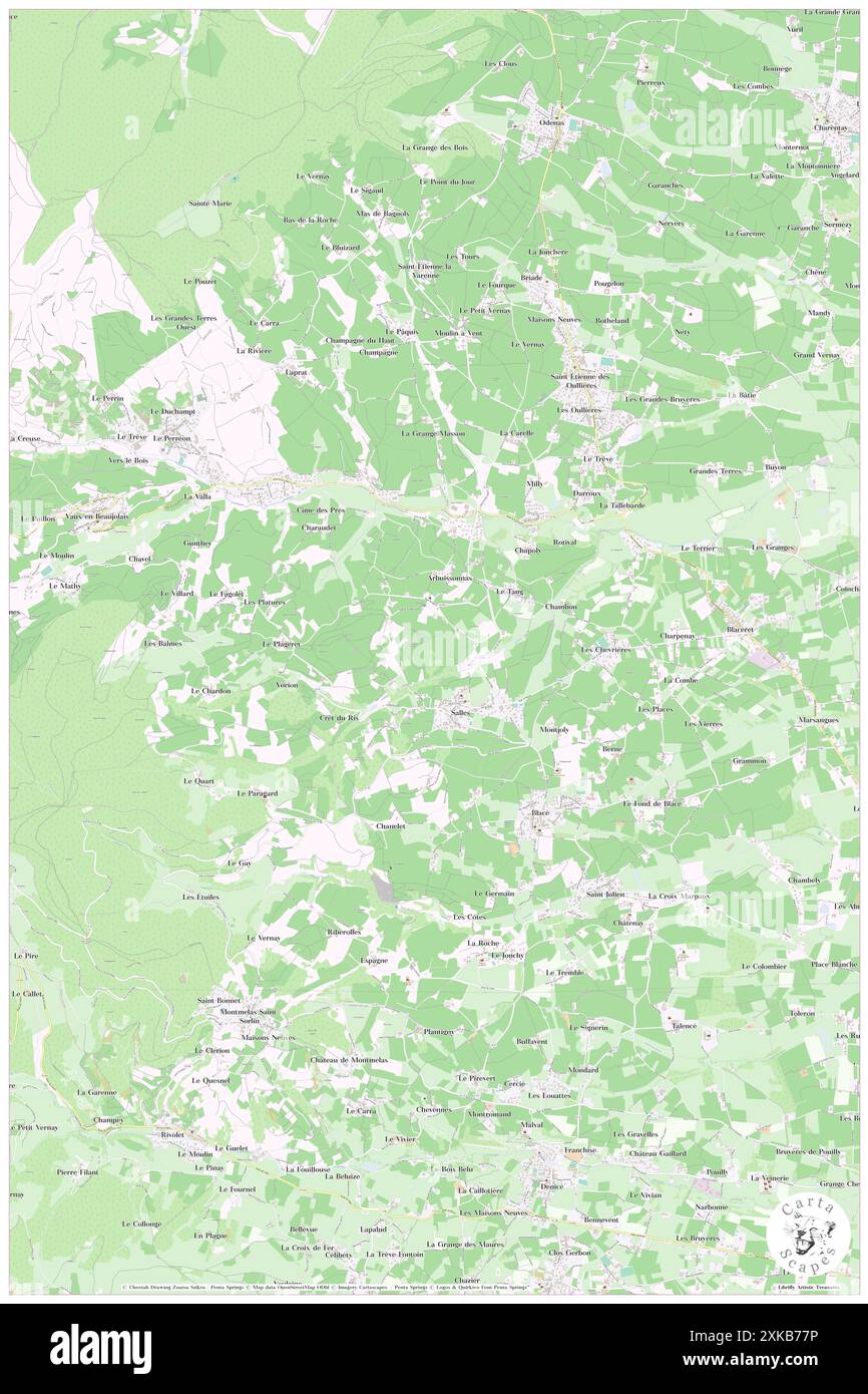 Commune de Salles-Arbuissonnas-en-Beaujolais, FR, Frankreich, Auvergne-Rhône-Alpes, N 46 2' 42'', N 4 37' 55''', Karte, Cartascapes Map, veröffentlicht 2024. Erkunden Sie Cartascapes, eine Karte, die die vielfältigen Landschaften, Kulturen und Ökosysteme der Erde enthüllt. Reisen Sie durch Zeit und Raum und entdecken Sie die Verflechtungen der Vergangenheit, Gegenwart und Zukunft unseres Planeten. Stockfoto