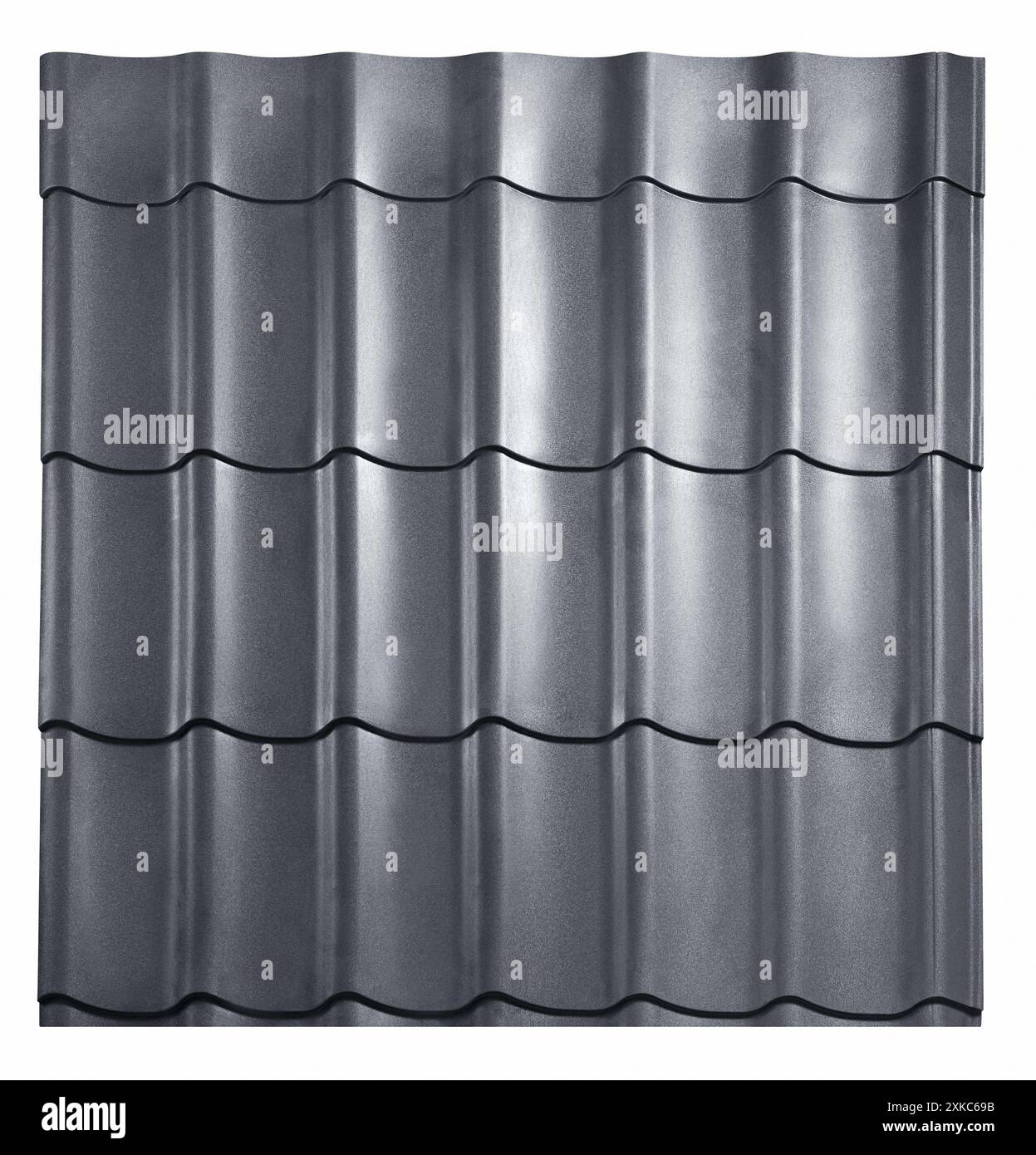 Leichtes verzinktes Stahldach isoliert auf weißem Hintergrund. Modulares Dachblech mit Flieseneffekt. Traditionelle Metallschindelfliesen. Beliebt Stockfoto