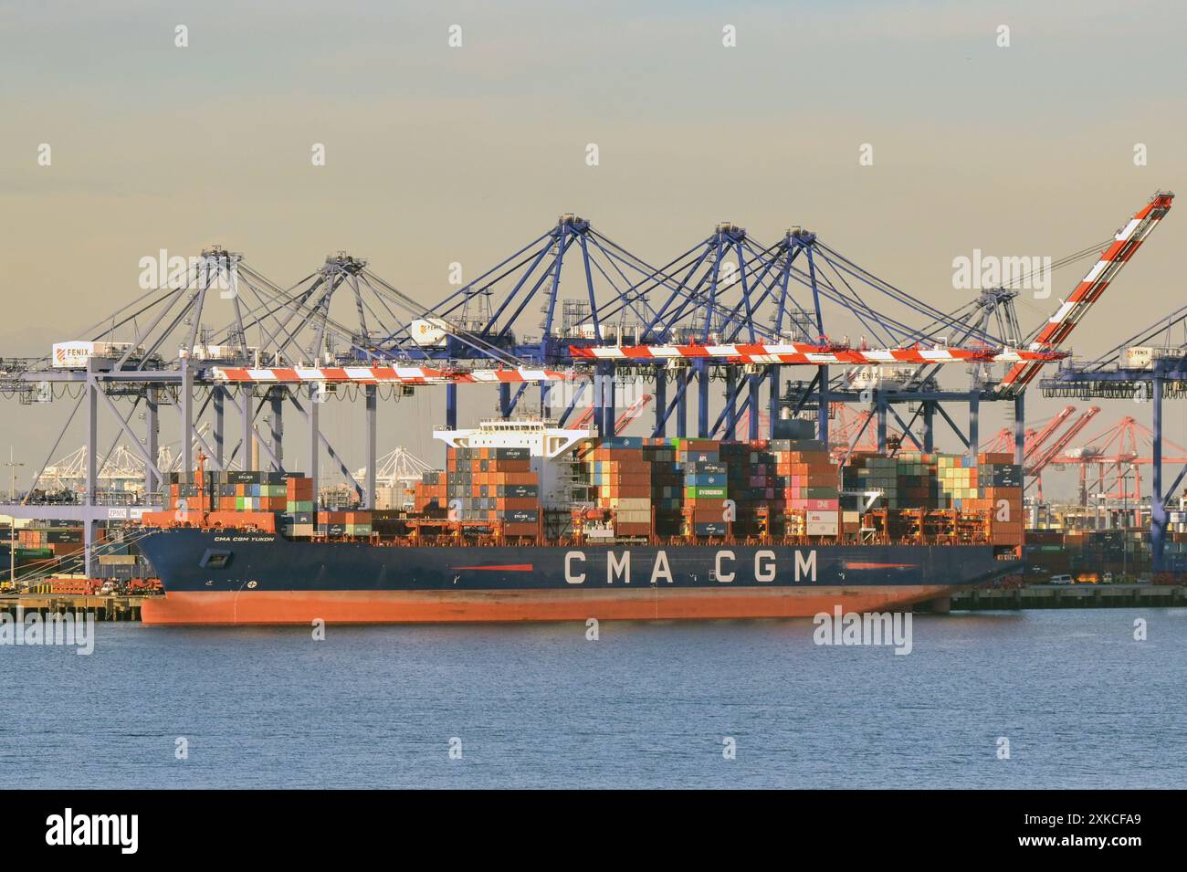 Los Angeles, Kalifornien, USA - 12. Januar 2024: Großes Containerschiff, das von der Reederei CGA CGM im Hafen von Los Angeles betrieben wird Stockfoto