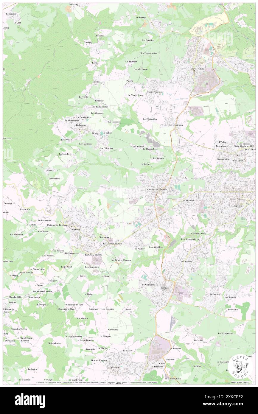 Grezieu-la-Varenne, Rhône, FR, Frankreich, Auvergne-Rhône-Alpes, n 45 44' 49''', N 4 41' 25'', Karte, Cartascapes Map, veröffentlicht 2024. Erkunden Sie Cartascapes, eine Karte, die die vielfältigen Landschaften, Kulturen und Ökosysteme der Erde enthüllt. Reisen Sie durch Zeit und Raum und entdecken Sie die Verflechtungen der Vergangenheit, Gegenwart und Zukunft unseres Planeten. Stockfoto