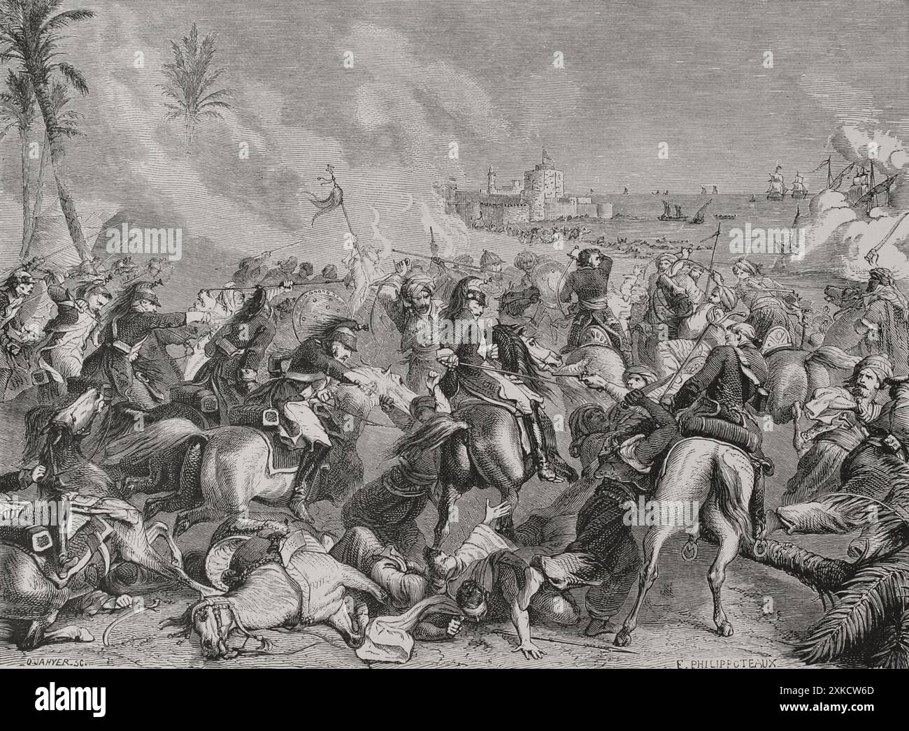 Napoleonische Kriege. Französische Kampagne in Ägypten und Syrien (1798-1801). Schlacht von Abukir (25. Juli 1799). Napoleon Bonaparte besiegte die osmanische Armee von Mustafa Pascha und verhinderte die Rückeroberung Ägyptens. Zeichnung von Philippoteaux. Gravur von Jahyer. "Geschichte der Französischen Revolution". Band I, 2. Teil, 1879. Stockfoto