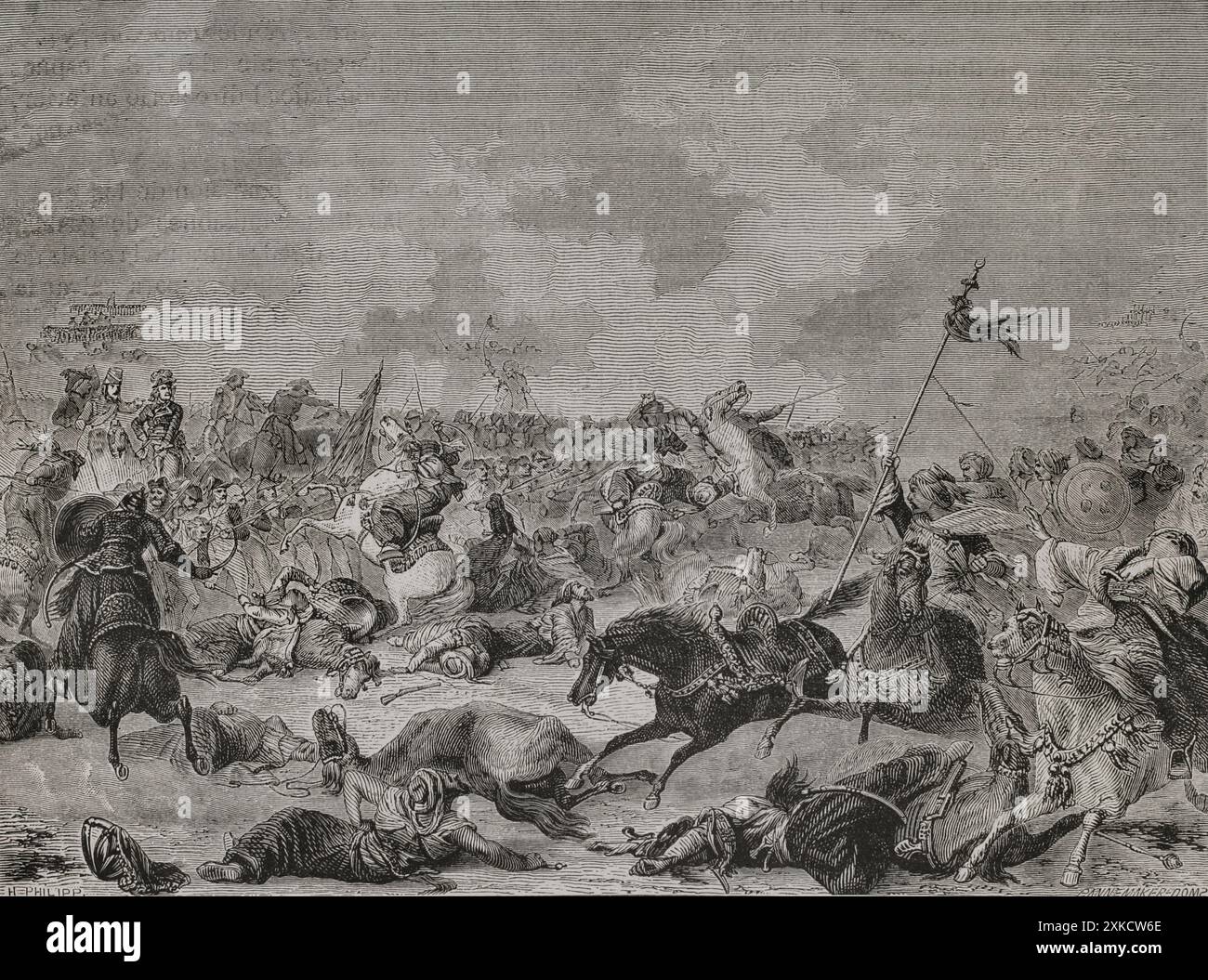 Napoleonische Kriege. Französische Kampagne in Ägypten und Syrien (1798-1801). Schlacht am Mount Tabor (16. April 1799). Truppen der französischen Westarmee unter dem Kommando von General Jean-Baptiste Kléber wurden von einem osmanischen Militärkontingent angegriffen, das von Ahmed Bajah, dem Gouverneur von Damaskus, angeführt wurde. General Junot kam aus Nazareth, um sich Kléber anzuschließen. Das tat Napoleon aus Akkon, was die Osmanen zur Flucht veranlasste. Stich von Pannemaker. "Geschichte der Französischen Revolution". Band I, 2. Teil, 1879. Stockfoto