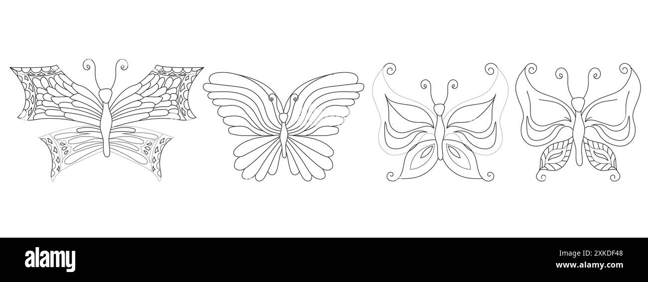 Set Schmetterlinge im Doodle-Stil. Einfache Vektorillustration isoliert auf weißem Hintergrund. Stock Vektor