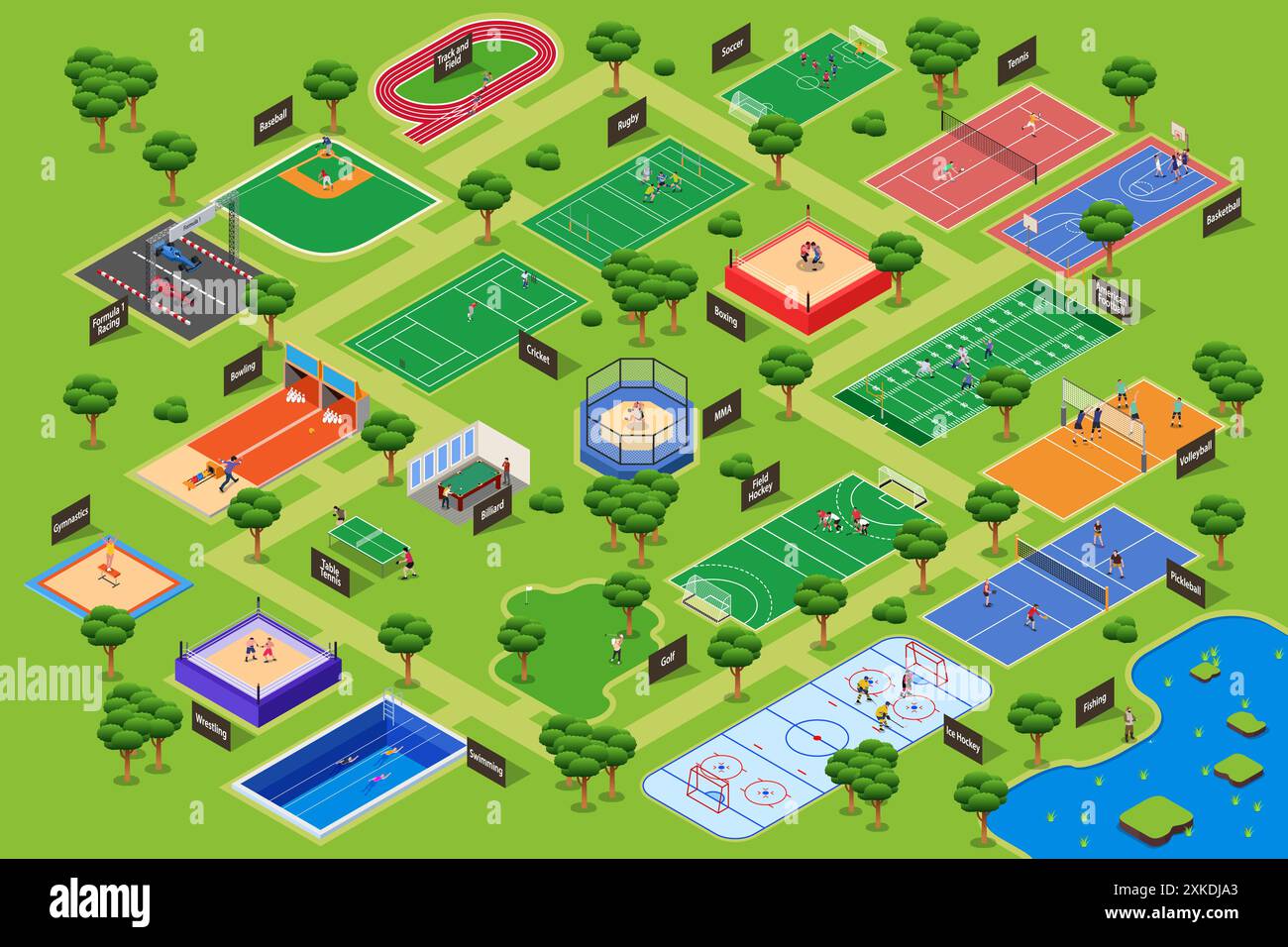 Eine Vektor-Illustration der isometrischen verschiedenen Sportplätze Karte in einem Park Stock Vektor