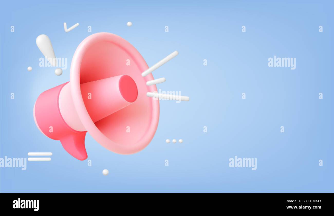 Megaphon 3D-Banner. Aktuelle Nachrichten, Informationsanzeigen und Marketingkonzept. Werbung und Aufmerksamkeitssymbole. Realistische Rendervektor-Geschäftsszene Stock Vektor