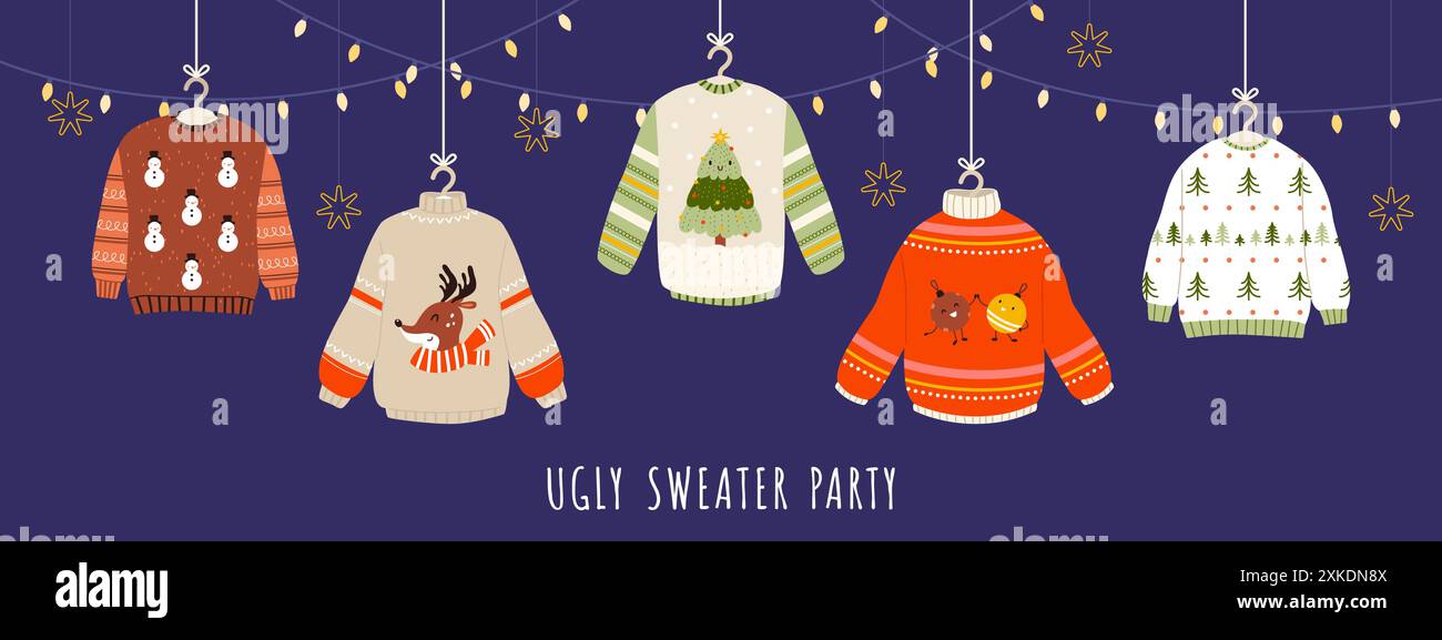 Hässliches Pullover-Banner. Gemütliche Winterpullover mit Dekor und Weihnachtsgirlanden. Kindererwachsene Weihnachtsfeier Kleidung, kuscheliger festlicher Vektor-Hintergrund Stock Vektor