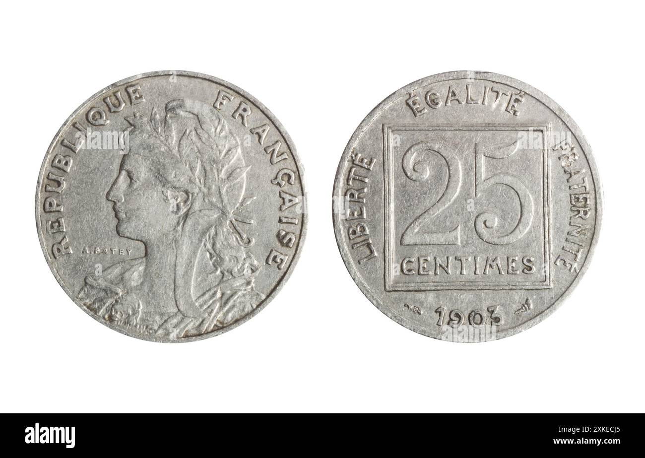 Isoliertes Foto von 25 französischen 1903 Centimes Nickelmünze der Dritten Republik 1872-1941 auf weißem Hintergrund. Stockfoto