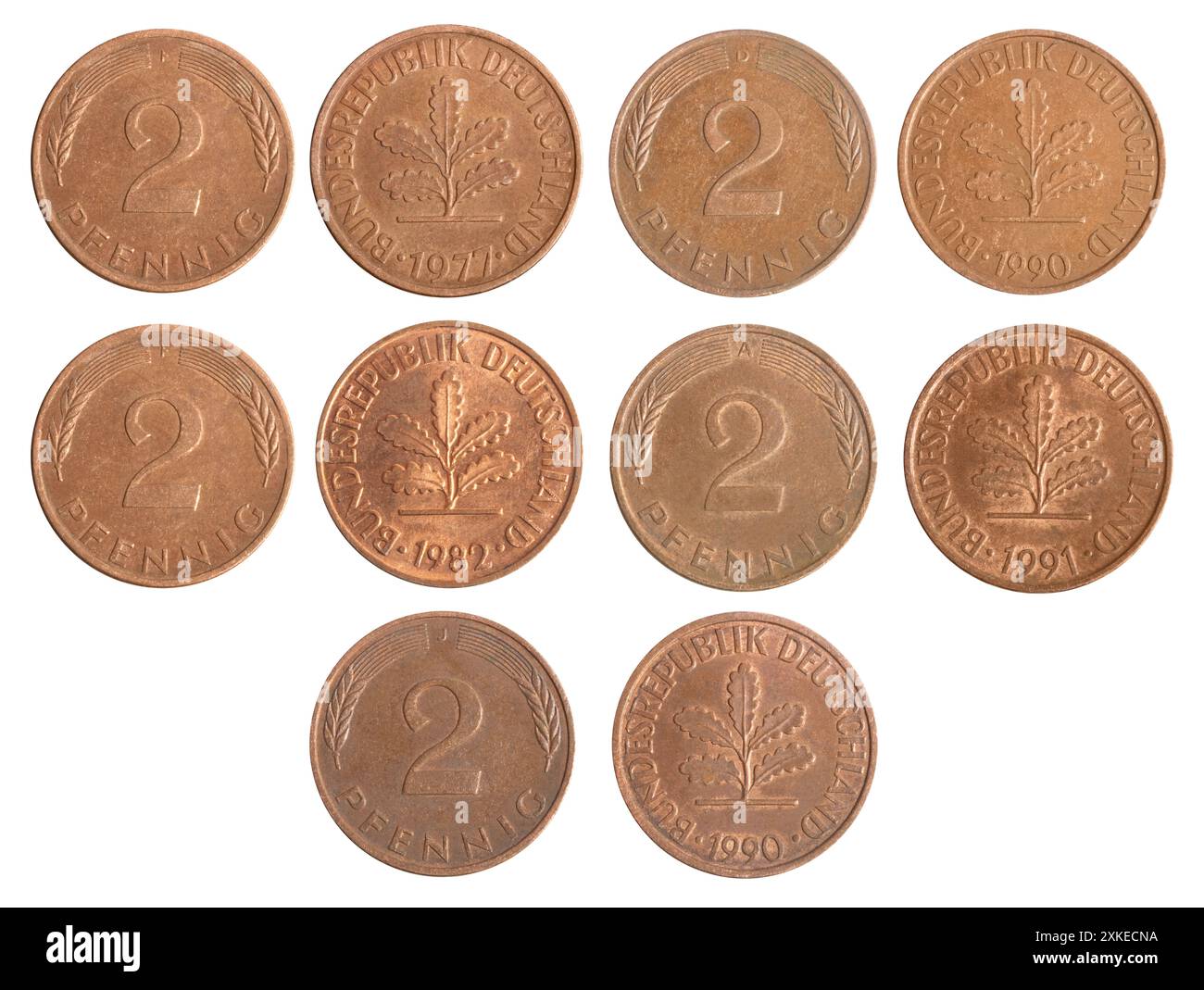 Einzelfoto von zwei deutschen mehrjährigen pfennig kupferbeschichteten Stahlmünzen der Bundesrepublik 1990-2001 auf weißem Hintergrund. Stockfoto