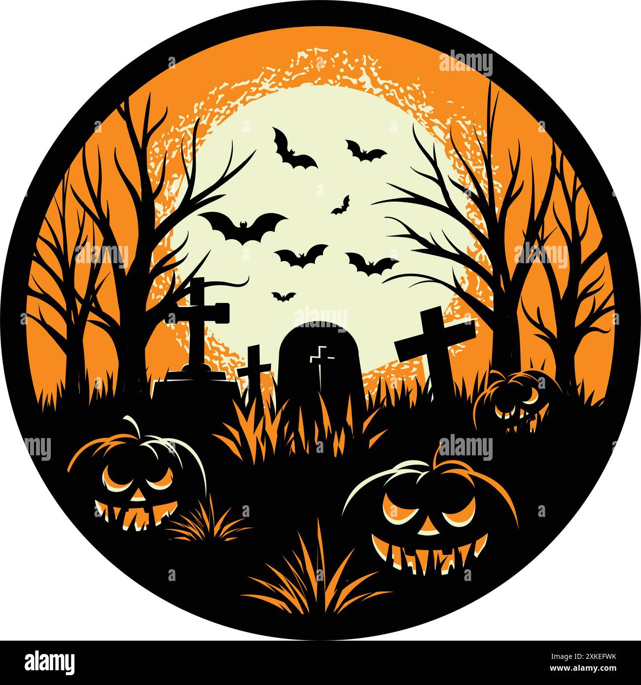 Happy Halloween Abzeichen oder Etikett, Friedhofslandschaft mit Bäumen, Grabsteinen und gruseligen Kürbissen Stock Vektor