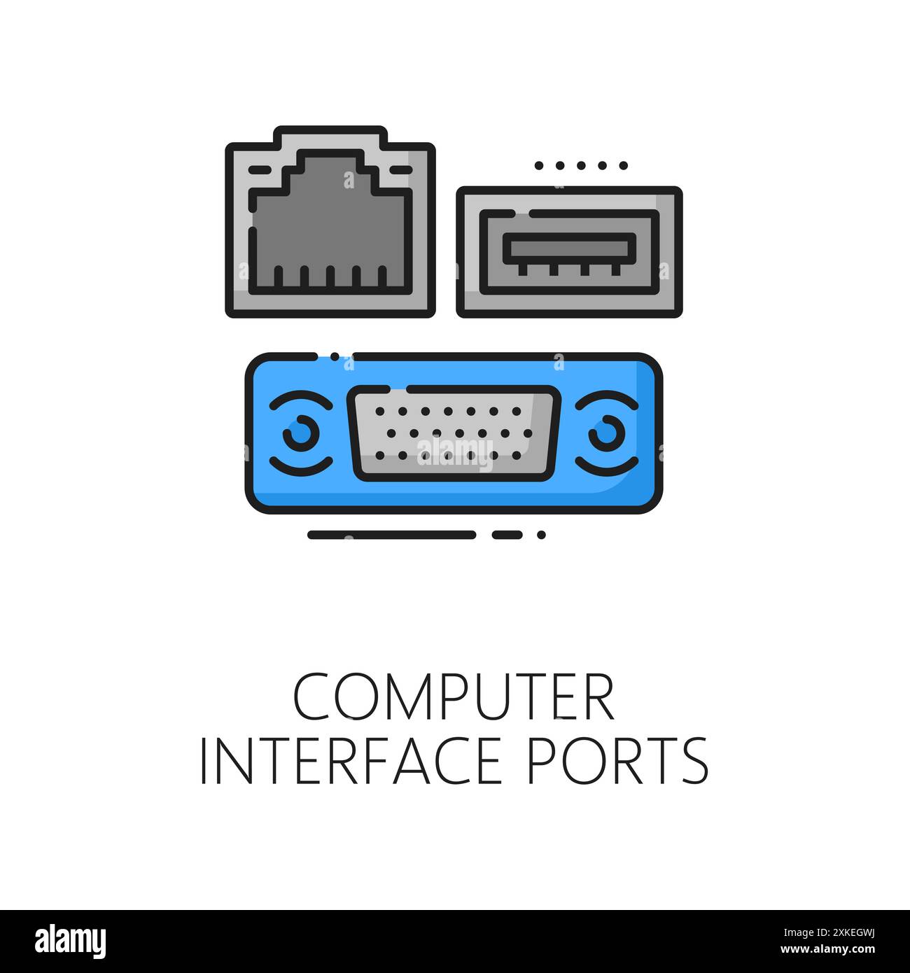 Symbol für die Farblinie der Computerschnittstellen-Anschlüsse. Hardwaretreiber für Computersysteme, Webnetzwerkdaten oder lineares Vektorsymbol für Software mit PC-LAN, USB Stock Vektor