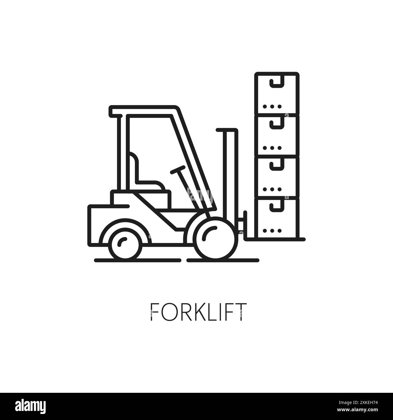 Symbol für die Logistiklinie des Gabelstaplers. Lieferkette, Lieferung und Lagerung, Frachtdienst. Isoliertes einfarbiges Vektorumrisszeichen des Laderwagens, tragend Pil Stock Vektor