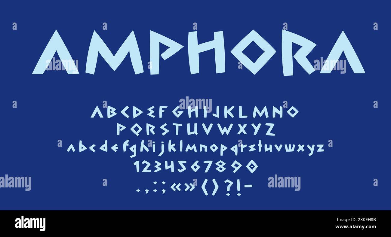 Blaue griechische Schriftart, alte griechische Typvektortypografie. Englisches Alphabet Buchstaben und Zahlen alte mediterrane Schrift gesetzt. Antike griechische Trian Stock Vektor