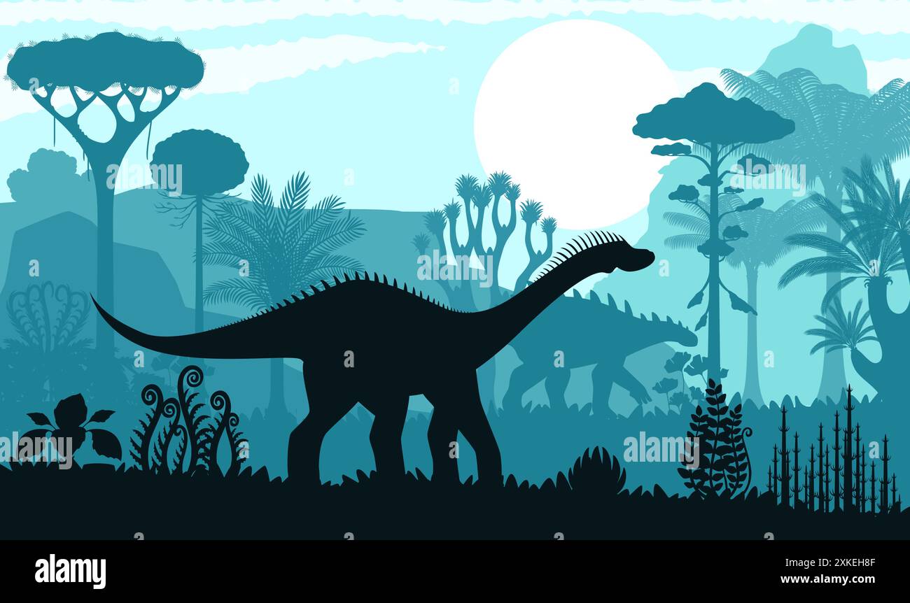 Prähistorische Dinosaurier-Silhouette im Abendwald oder Jurassic Park, Vektor-Hintergrund. Cartoon Dinosaurier-Echse Barapasaurus oder Dicraeosaurus mit Steg Stock Vektor