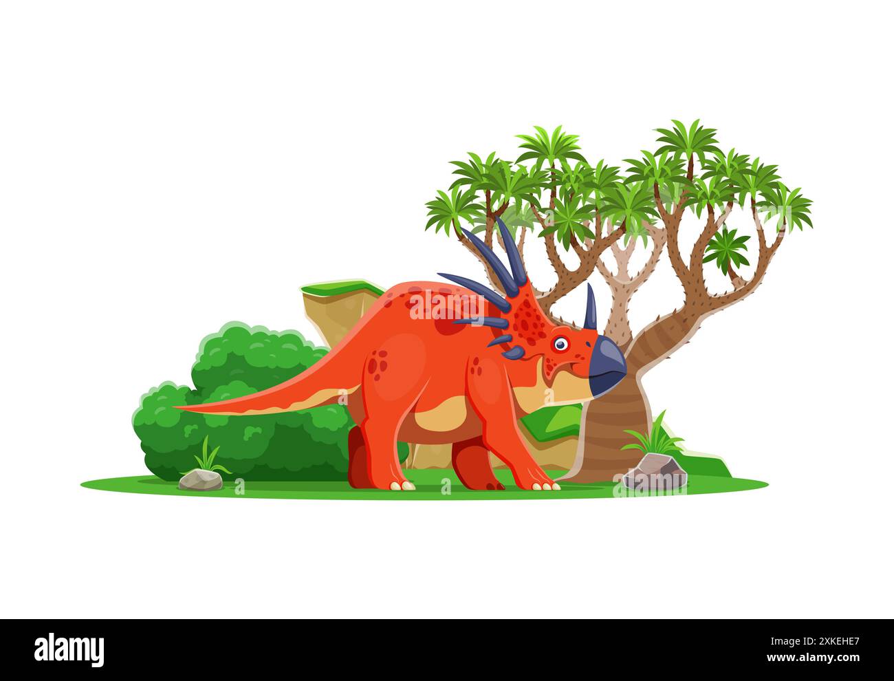 Cartoon prähistorischer Styracosaurus-Dinosaurier-Charakter. Isolierter Vektor triceratops-ähnlicher Dino mit rot gepunkteter Haut und Hörnern, steht am üppigen Jurassic e Stock Vektor