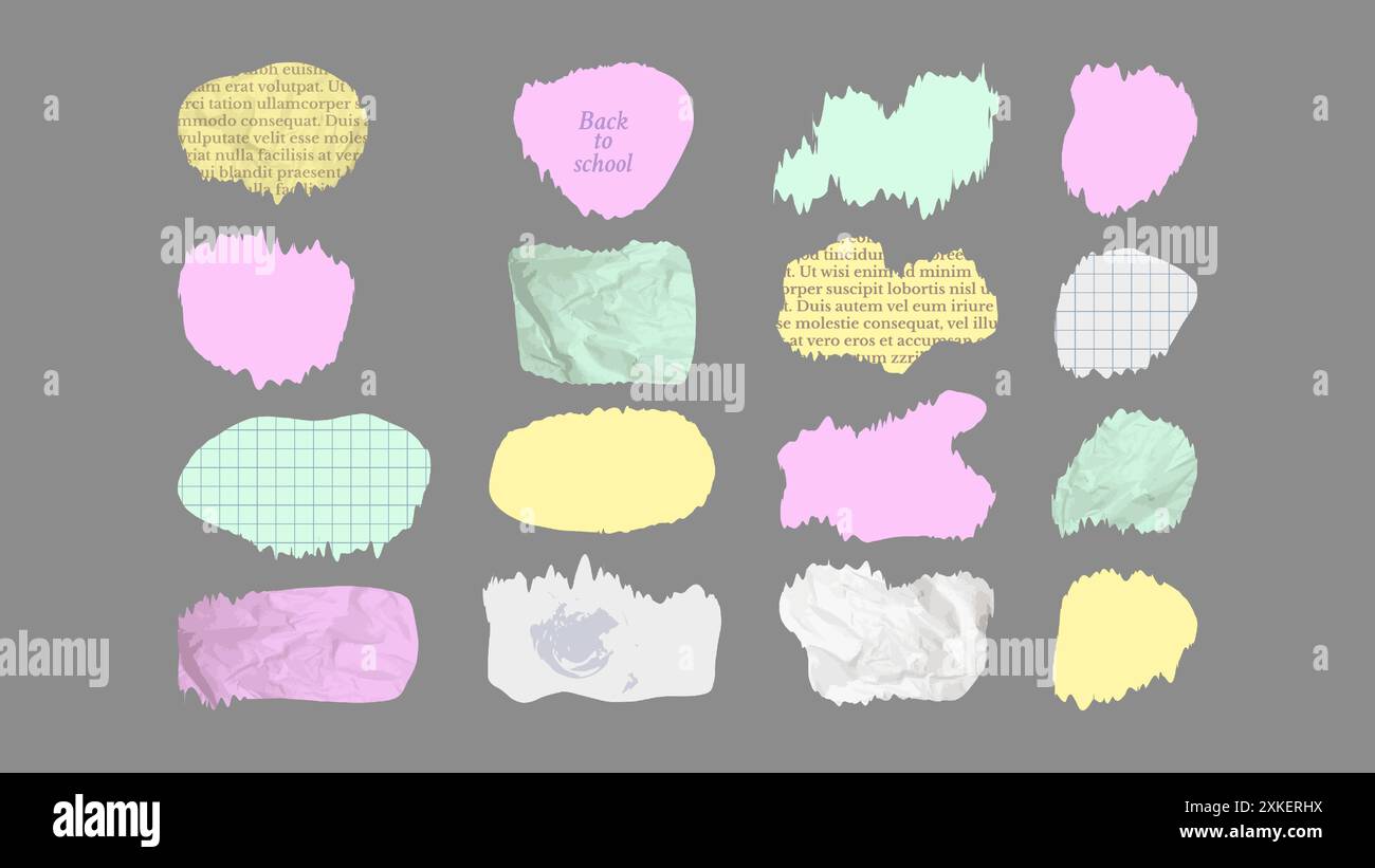 Papier und Elemente Scrapbooking Alt zerrissen zerknittert. Verschiedene Farbtexturen Muster zerrissene Kanten Imitation von Zeitungsresten. Vektorabbildung. Stock Vektor