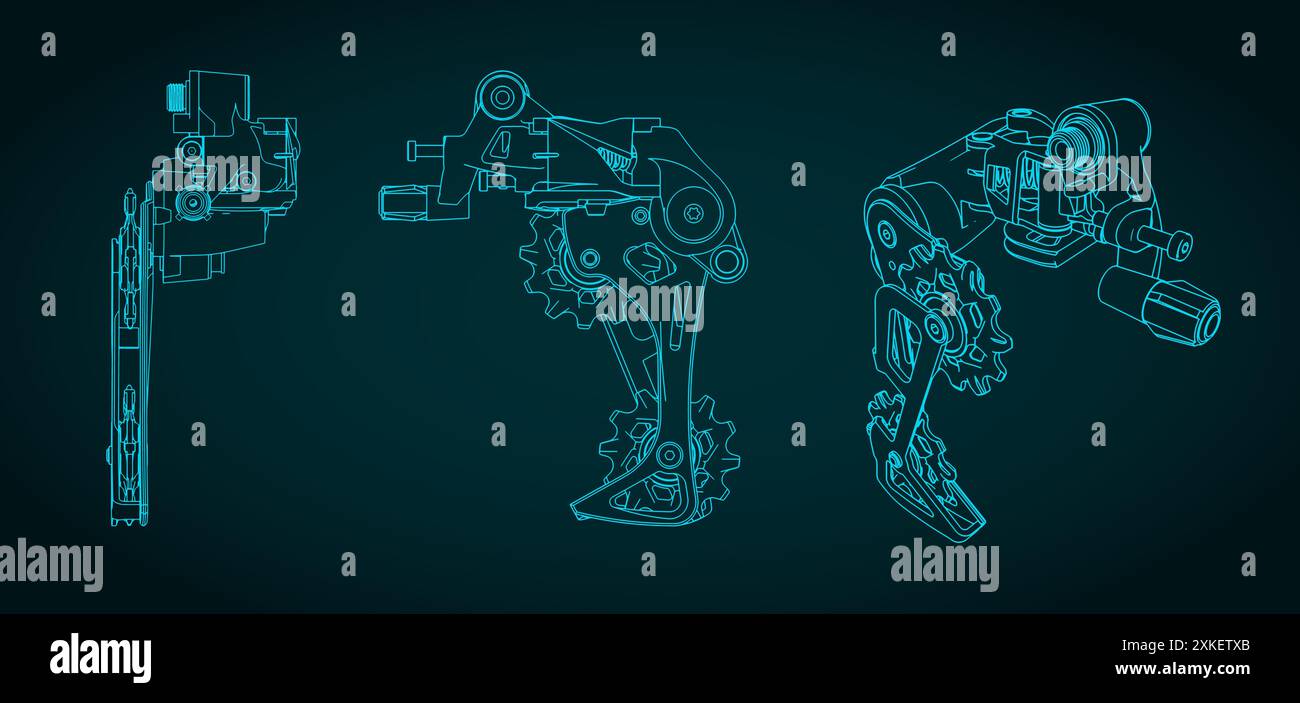 Stilisierte Vektorillustration technischer Zeichnungen eines Fahrradumwerfers Stock Vektor