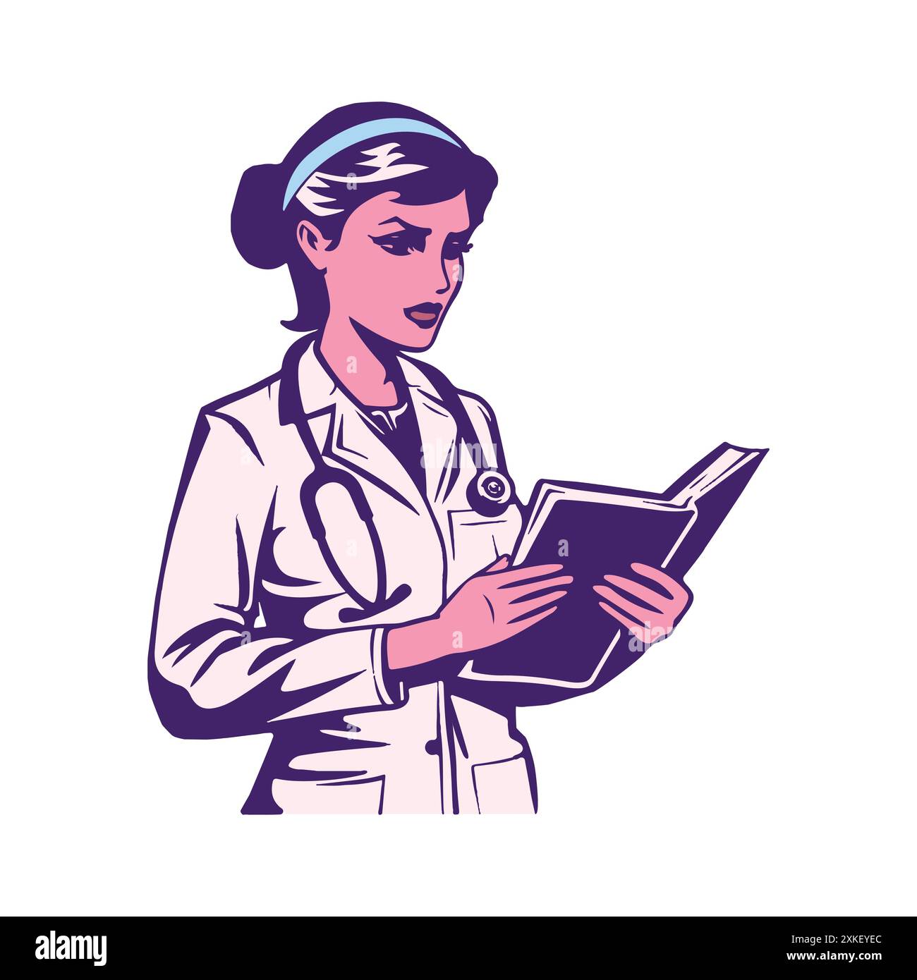 Weibliche Doktor-Figur konzentriert sich auf das Lesen einer Buch-Vektor-Illustration Stock Vektor