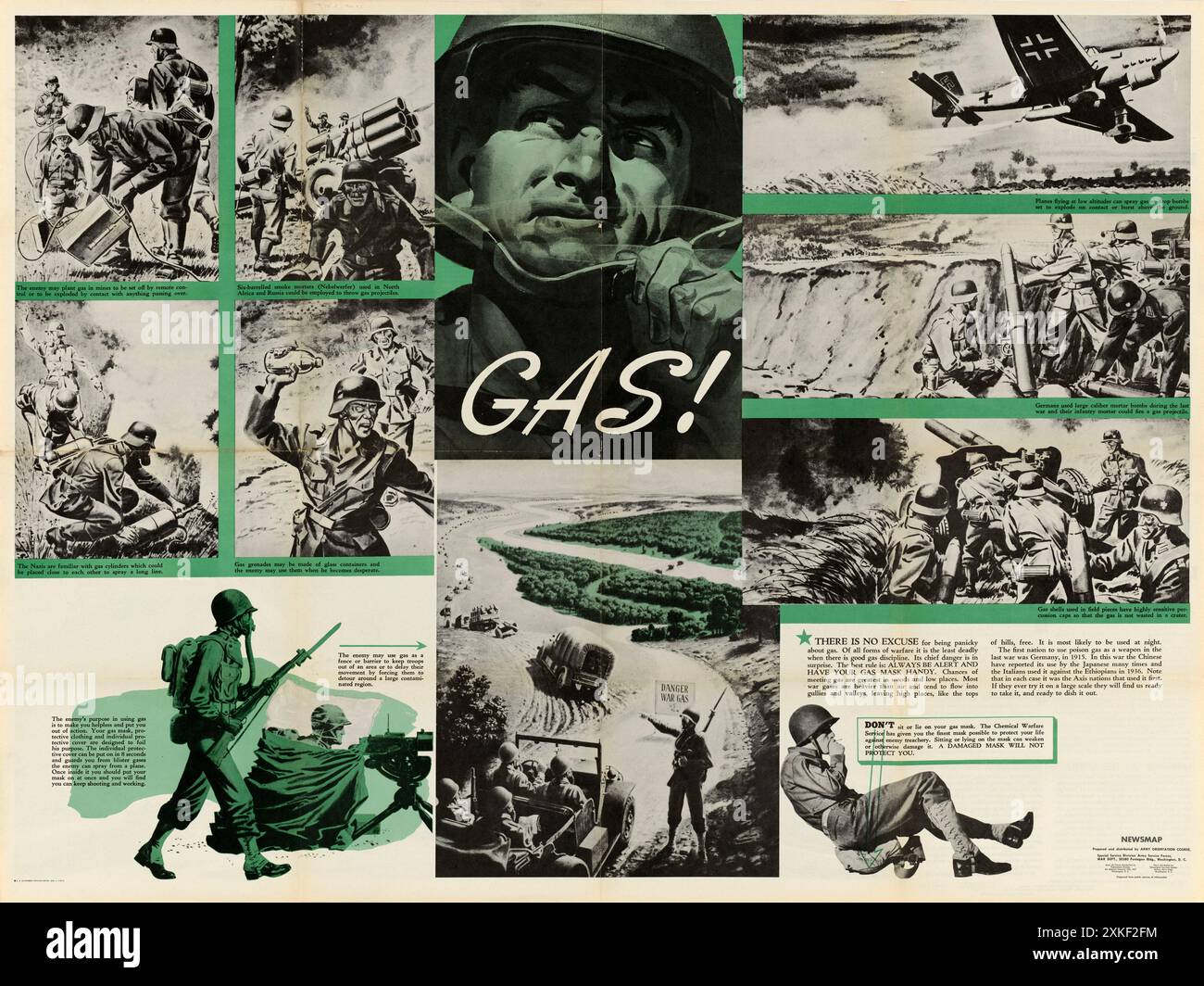 Ein Army Poster Gas!: Es zeigt den deutschen Soldaten in verschiedenen Kampfszenen mit Gas. Sie dient den US-Truppen als Leitfaden, den Einsatz chemischer Waffen anzuerkennen und zu reagieren. Dieses Poster hieß Newsmap und wurde von der Army Orientation Courrse angedeutet. Stockfoto