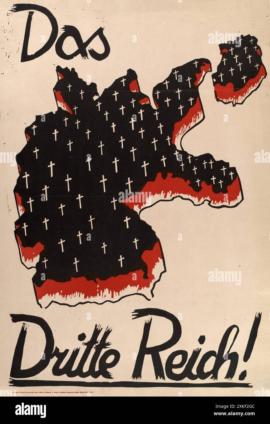 Anti-Nazi-Plakat der SPD bei der deutschen Präsidentschaftswahl 1932. Es zeigt eine Darstellung Deutschlands, die in Kreuzen mit dem Text das Dritte Reich bedeckt ist. Stockfoto