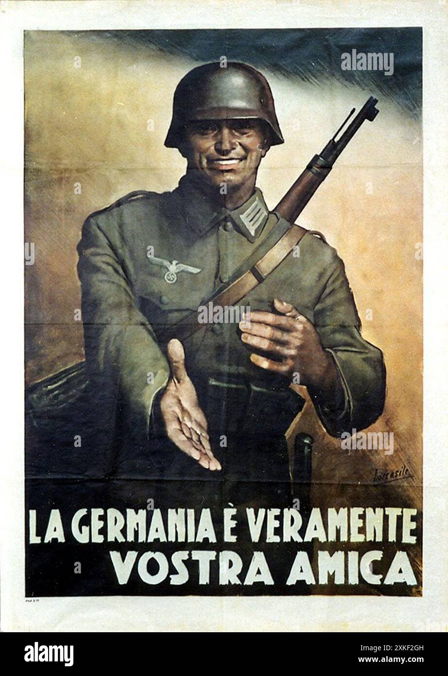 Ein italienisches Pro-nazi-Propaganda-Poster aus dem 2. Weltkrieg. Es zeigt einen gutmütigen und lächelnden deutschen Soldaten mit han ausgerissener Hand zum Handschütteln . Der Text lautet: Deutschland ist wirklich dein Freund. Stockfoto