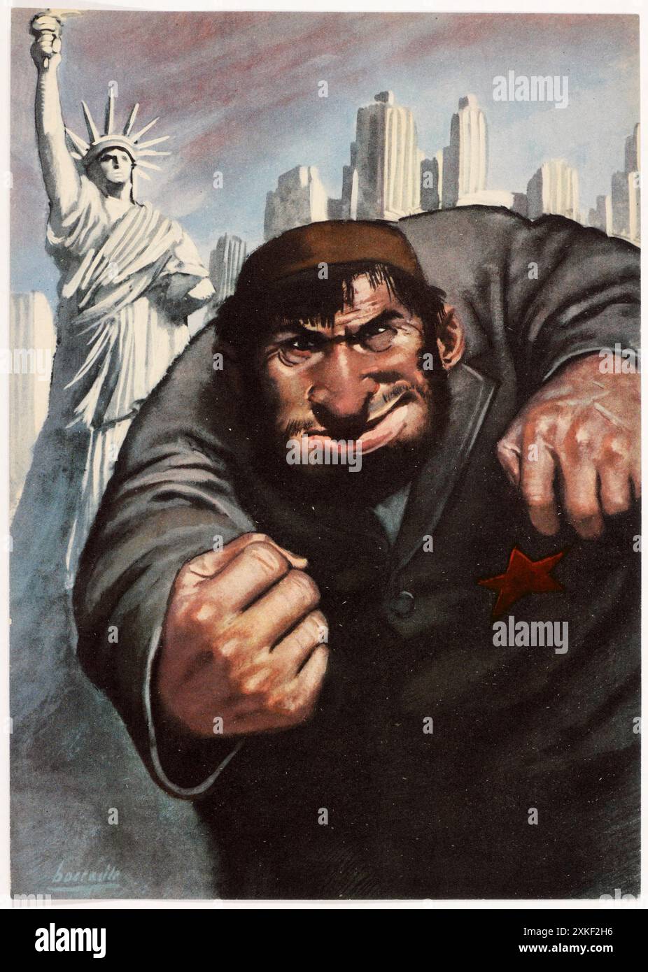 Ein Poster aus dem Jahr 1943, das antijüdisch und antikommunistisch (in der ns-Weltanschauung waren judaismus und Kommunismus innig und untrennbar miteinander verbunden) zeigt, auf dem ein karikaturaler jude mit einem roten Sternvadge seine Faust geballt hat. Stockfoto