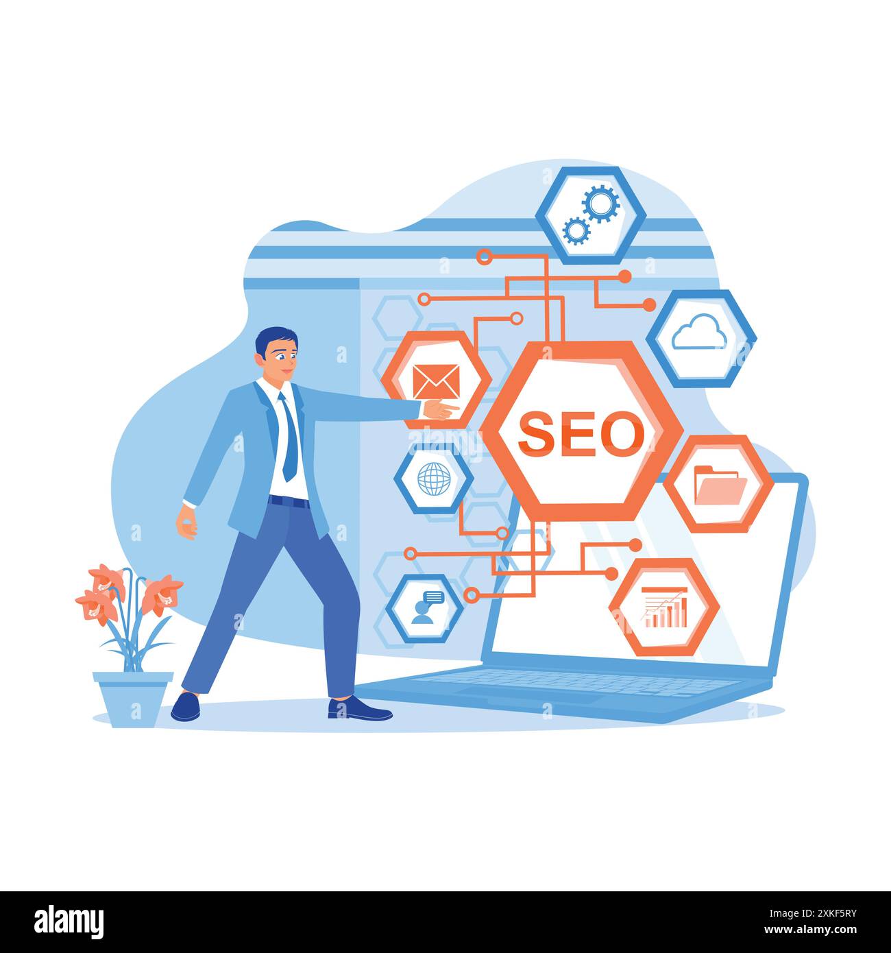 Männlicher Geschäftsmann, der Computer-Laptop benutzt, um SEO zu analysieren. Online-Marketing über Websites durchführen. SEO-Konzept. Trend Moderne Vektor-flache Illustration Stock Vektor