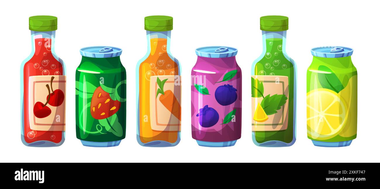 Soda Dose und Fruchtsaft Flasche Getränk Symbol Vektor. Cocktailverpackung mit kohlensäurehaltiger Limonade. Puzzy Sugar Tee im trendigen Aluminiumpaket. Orangen-, Zitronen- und Beerenwasser mit Kork aus dem Supermarkt Stock Vektor
