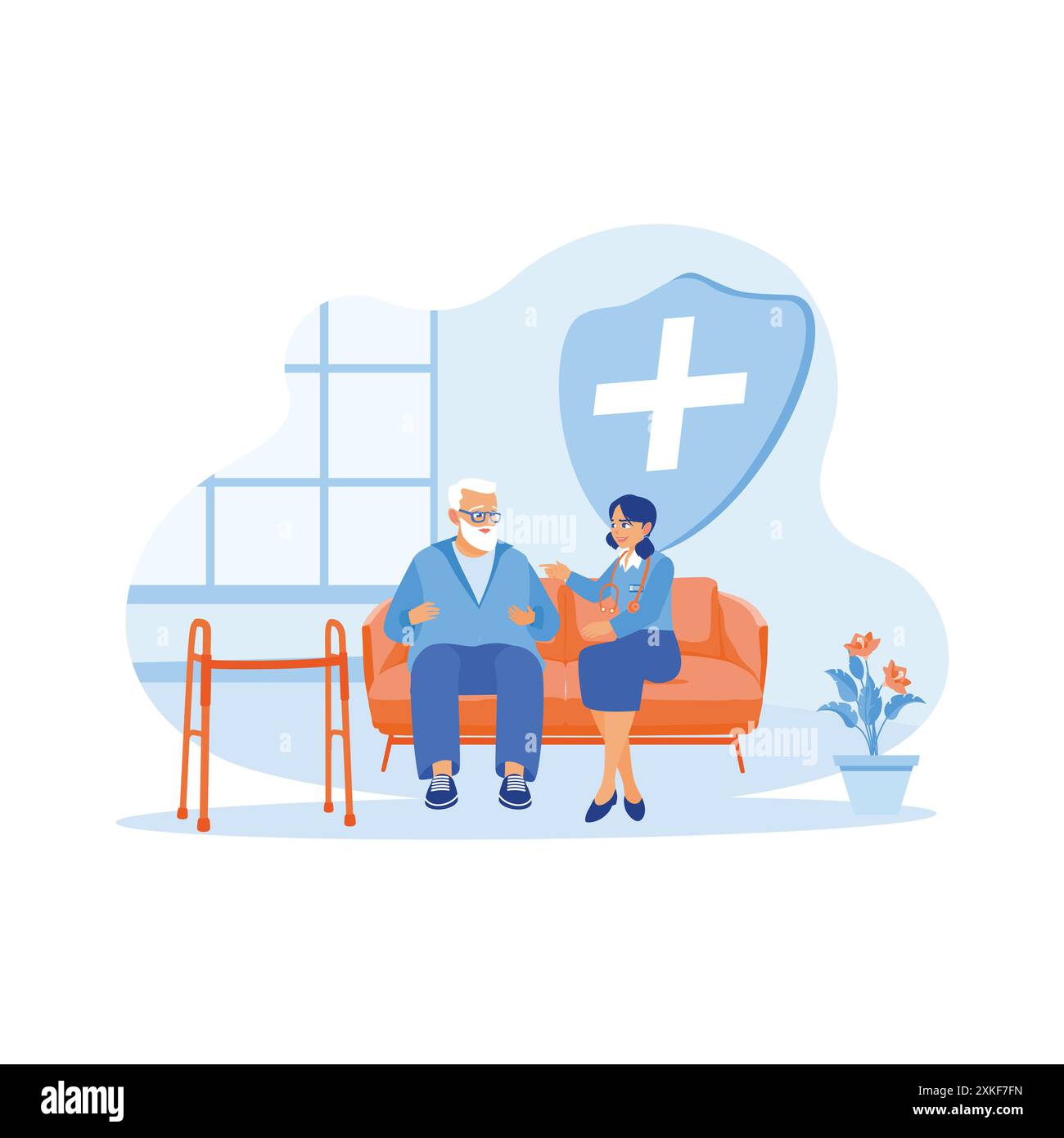 Eine junge Krankenschwester und ein alter Patient sitzen auf dem Sofa. Eine Krankenschwester untersucht einen Patienten während der Genesung in einem Pflegeheim. Das Konzept älterer Patienten. Stock Vektor