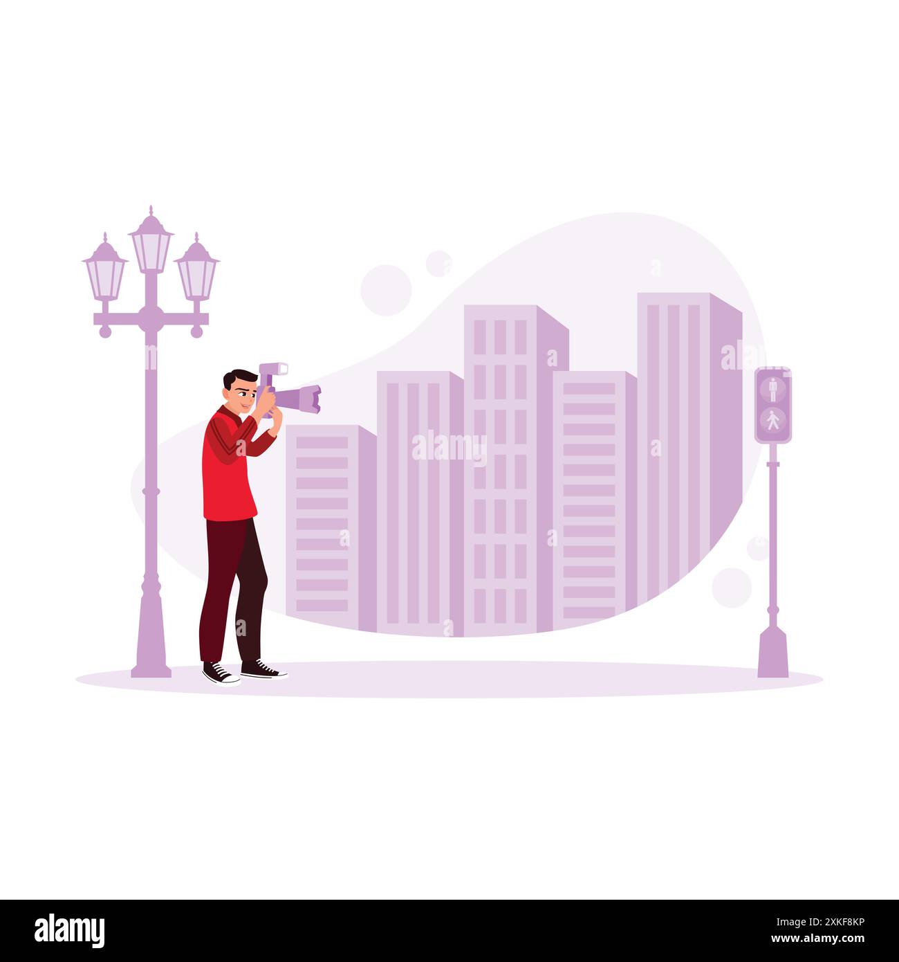 Der junge Fotograf erstellt wunderschöne Bilder mit einer Retro-Filmkamera. Erstellen Sie wunderschöne Fotos auf der Straße mit urbanen Gebäuden im Hintergrund. Stock Vektor