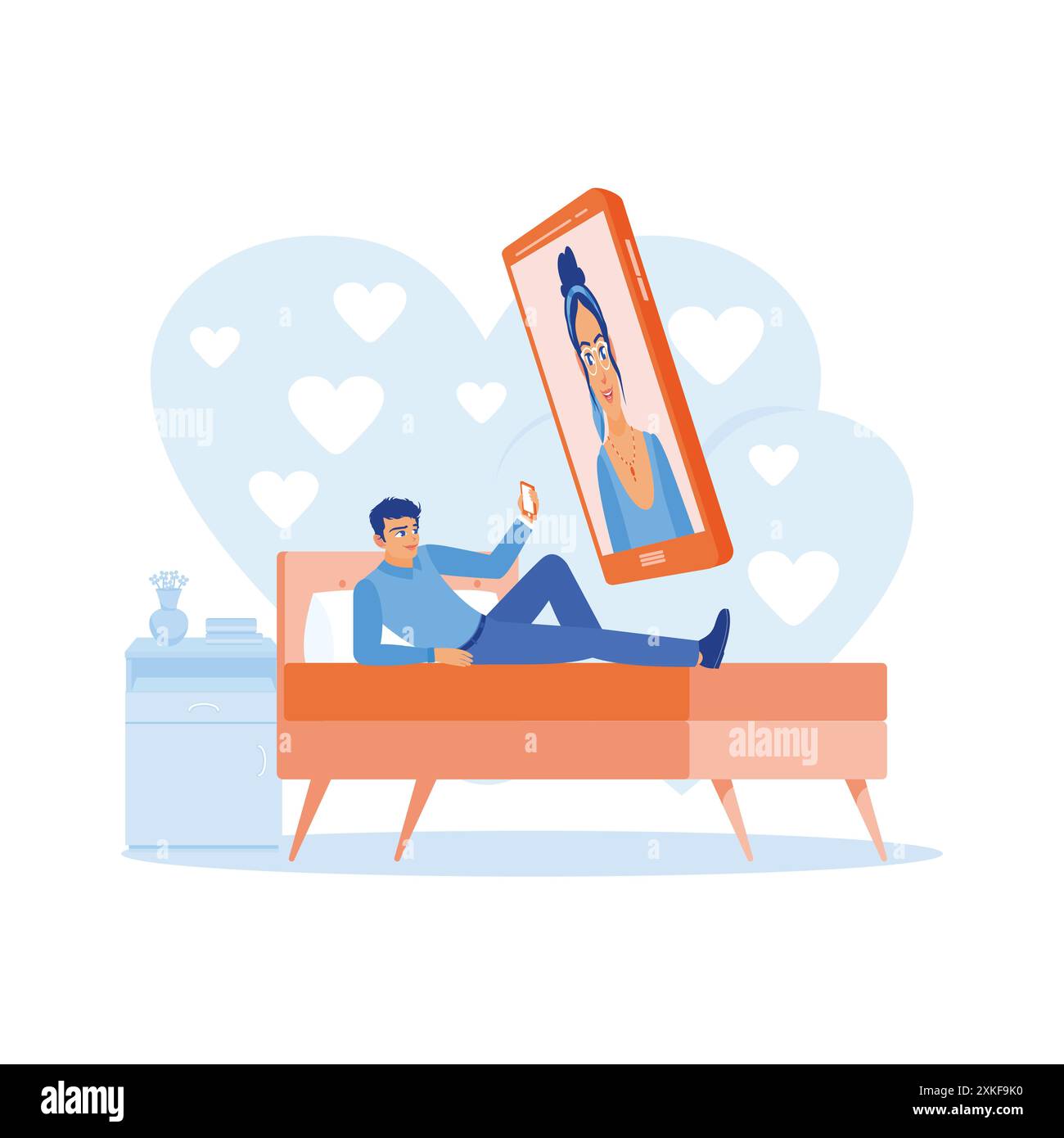 Mann, der im Bett liegt und ein Handy benutzt, um Online-Websites zu besuchen. Mann, der mit einer Freundin spricht, die auf dem Handy ist. Online-Dating-Konzept. Tren Stock Vektor