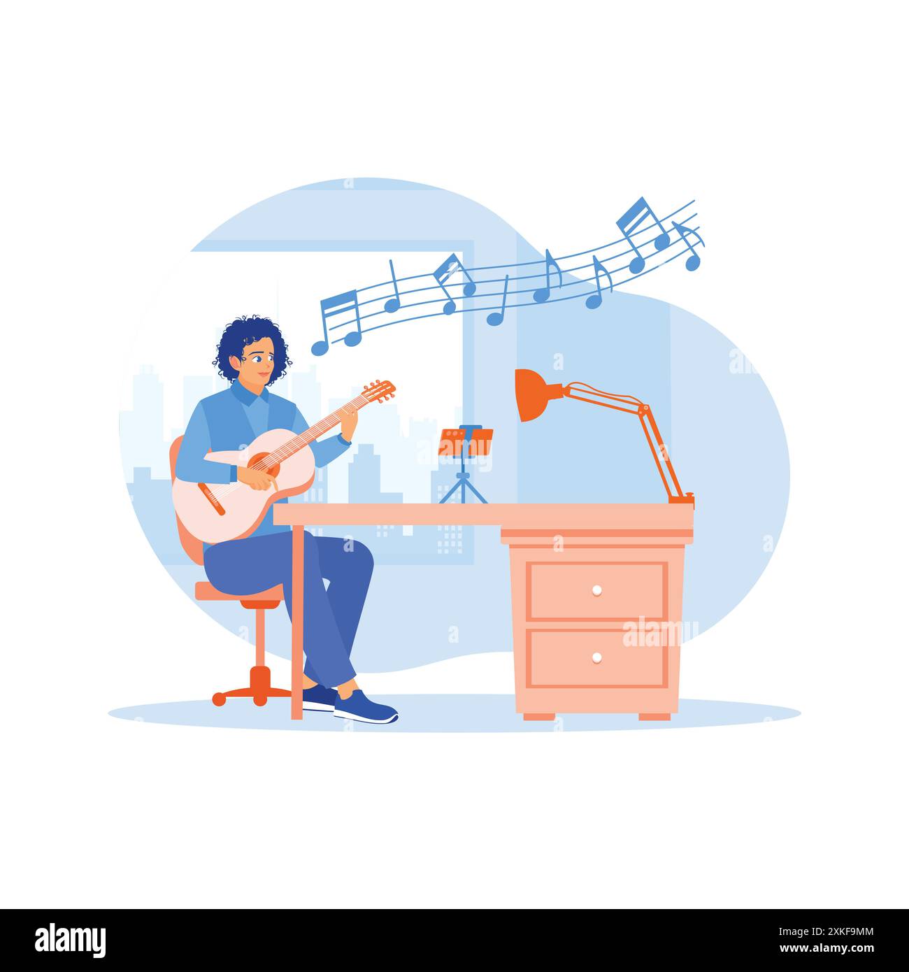 Junger Mann singt, während er zu Hause Gitarre spielt. Vlogger nehmen Videos mit Handys auf, die auf Stativen montiert sind. Content Creator-Konzept. Trend modernes Gemüse Stock Vektor