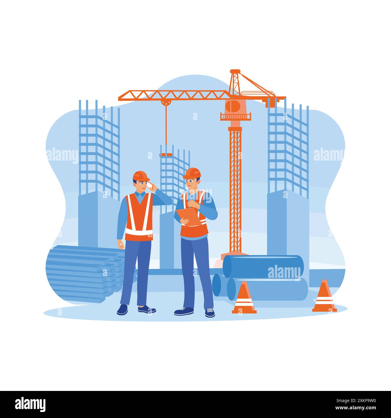 Statiker und Architekten tragen orange Westen und Schutzhelme auf einer Baustelle. Besprechen Sie den Konstruktionsprozess im Stock Vektor