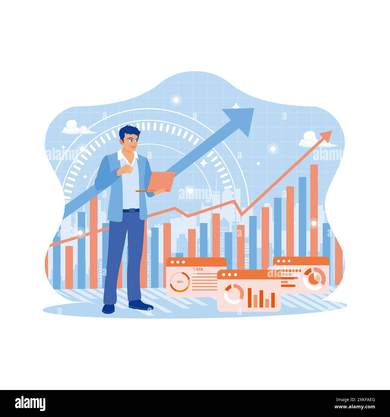 Geschäftsmann, der ein Notebook mit kreativer Grafik nutzt. Geschäftsmann Analyst, der mit digitalem Finanzdatendiagramm arbeitet. Finanz- und Handelskonzept. Stock Vektor