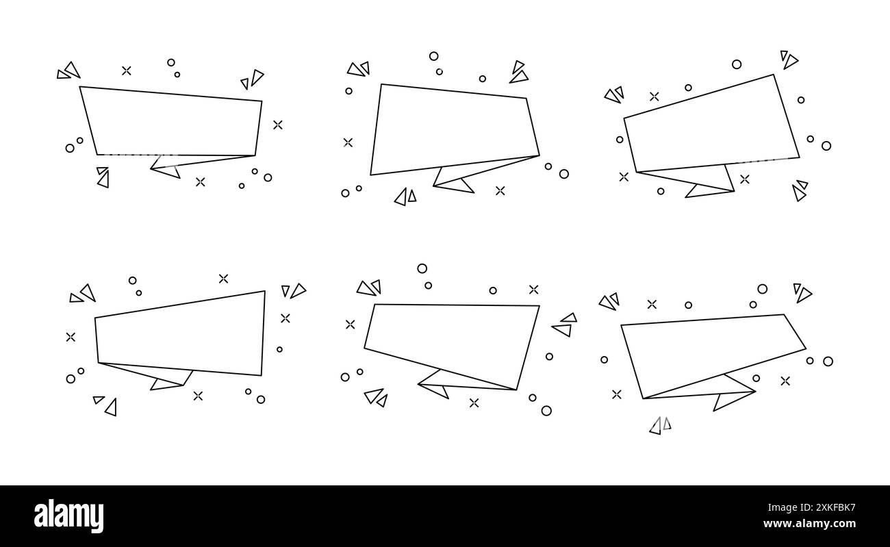 Rechteckiges Preisabzeichen-Set, Outline Special Promo-Tag mit Konfetti, isoliertes geometrisches Rabattlabel, flache horizontale Verkaufs-Bannerkollektion, Stock Vektor