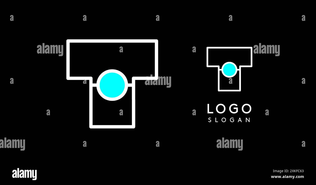Abstraktes T-Letter-Logo mit blauen Punkten. Minimalistisches, lineares Design, auffälliges und klares Letter-Monogramm für Corporate Branding, Tech-Startups und Sicherheit Stock Vektor