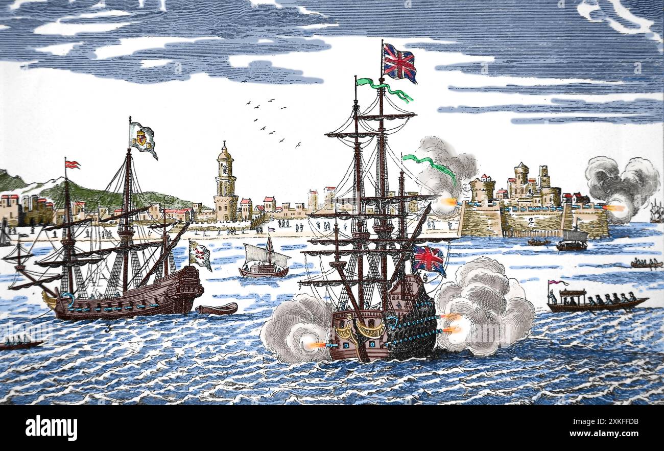 Anson's Centurion und ein Schiff im Hafen von Manila, 1740er Jahre Gravur. Stockfoto